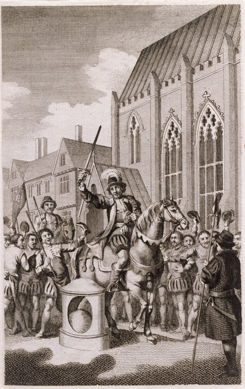 Jack Cades lázadása 1450-ben: Cade London City Urának nyilvánítja magát a London Stone-ban, a Cannon Streeten, 1770 körül alkotó: English School