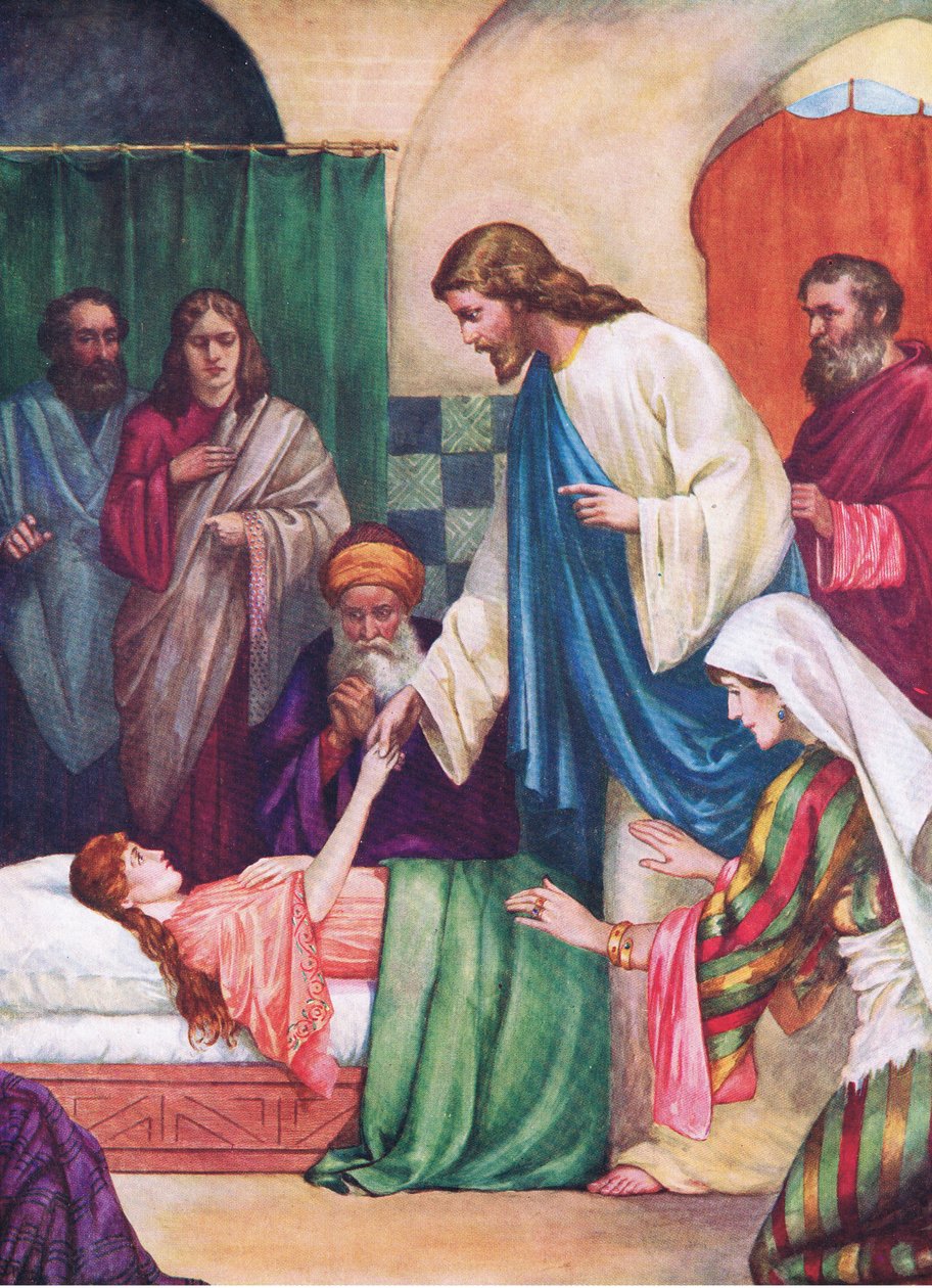 Jairus lánya, a Thomas Nelson által kiadott Biblia Képeskönyvből, 1950 körül (színes litho) alkotó: English School