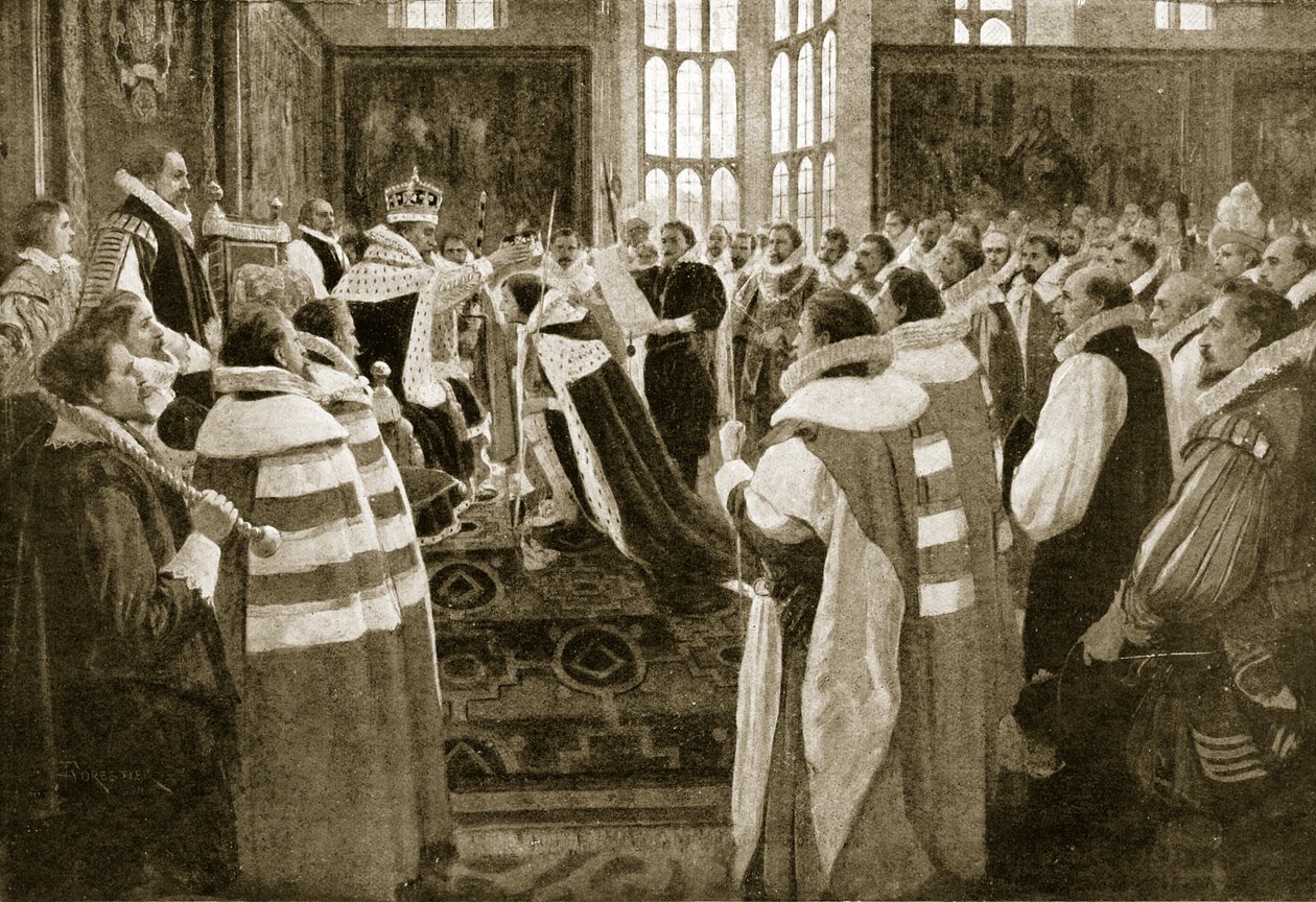 I. Jakab fiát, Károlyt walesi herceggé ruházza, 1616, illusztráció a Hutchinsons Story of the British Nationből, 1923 körül alkotó: English School