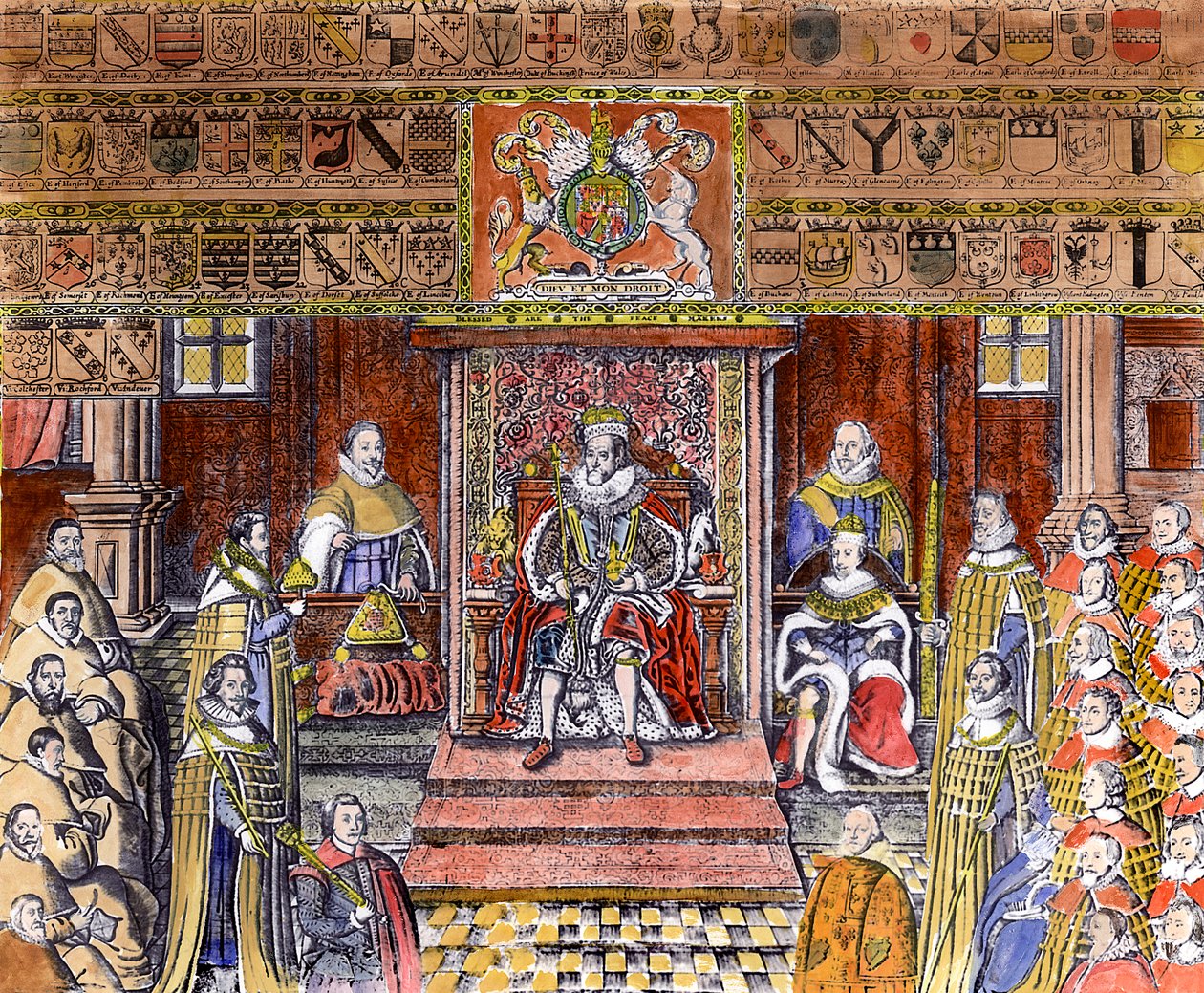 I. Jakab angol (1566-1625) az udvarban, (metszet) (későbbi színezés) alkotó: English School