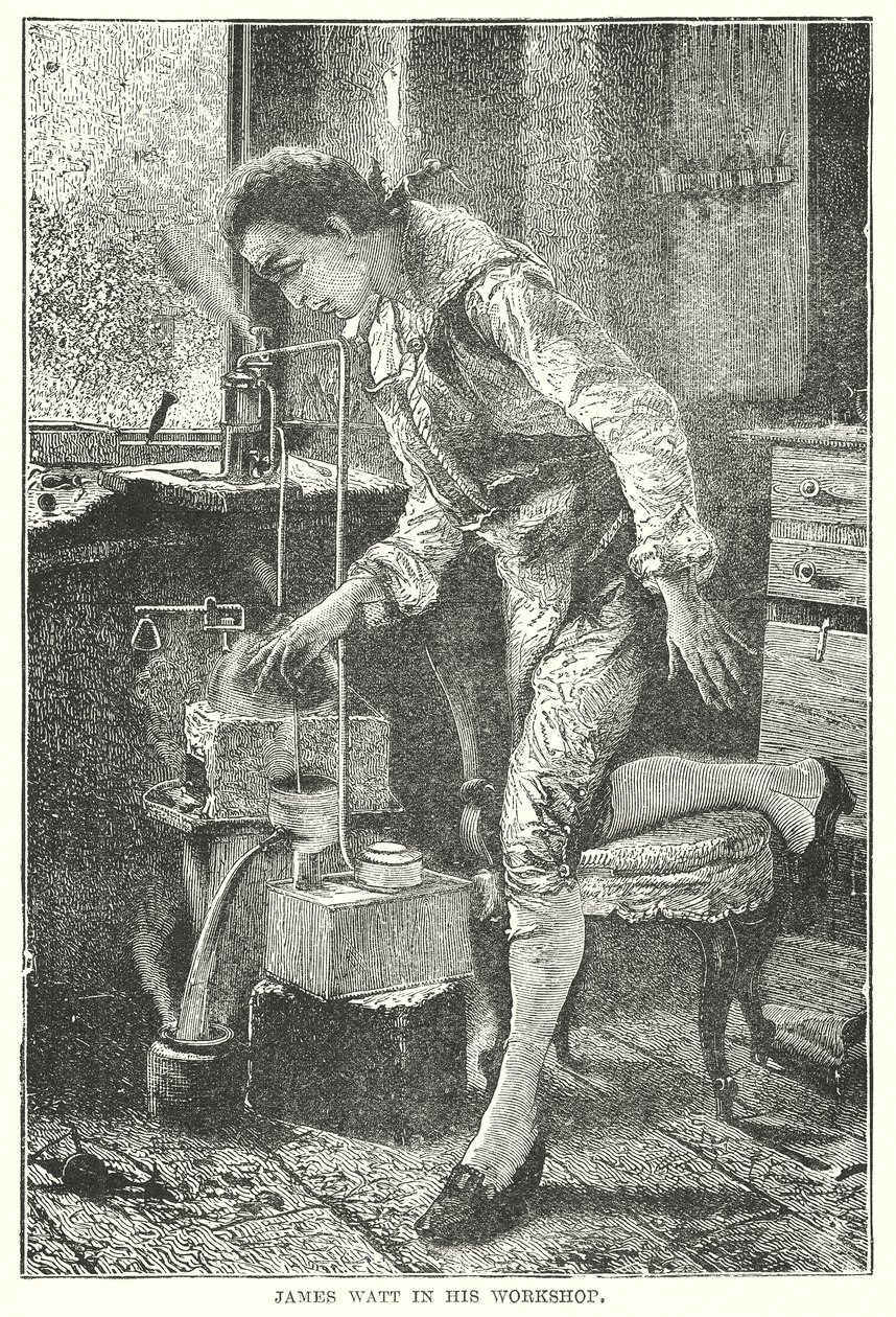 James Watt a műhelyében (metszet) alkotó: English School