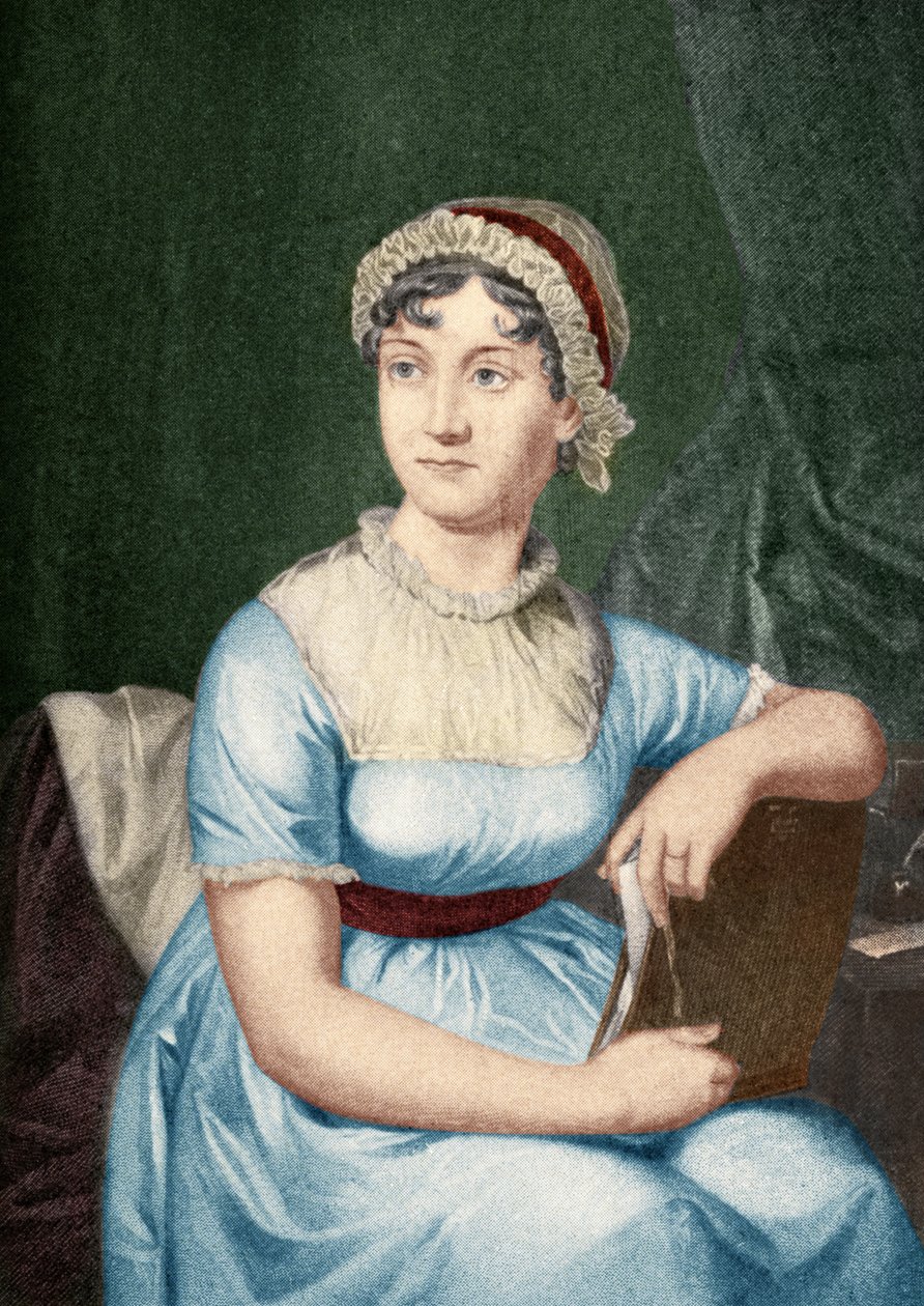 Jane Austen (1775-1817) illusztrációja a "Kis utazások a híres nők otthonaiba" című művéből, 1897-ben (későbbi színezés) alkotó: English School