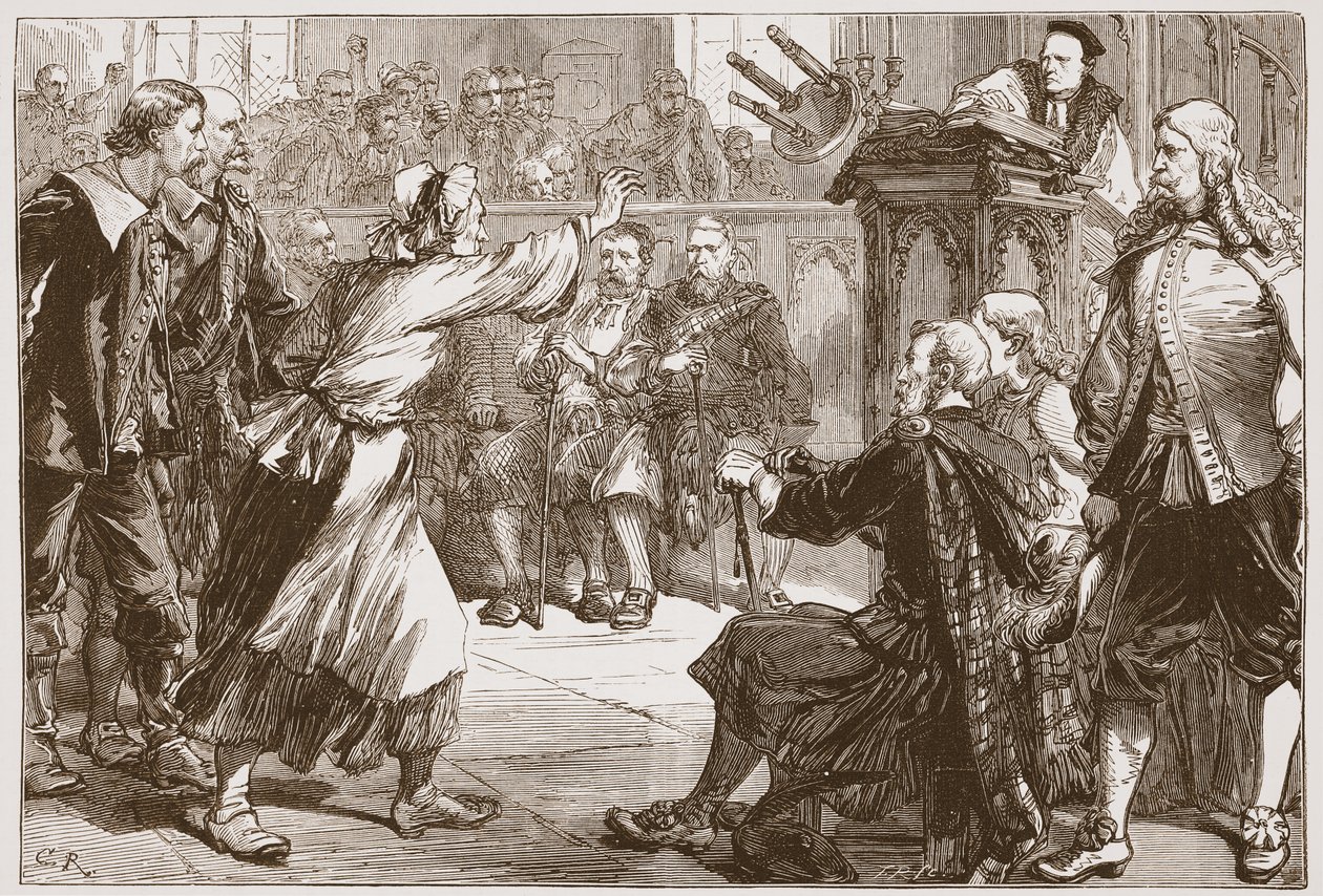 Janet Geddes az edinburgh-i dékánhoz dobálja a székét, illusztrációja James Aitken Wylie (1808-1890) A protestantizmus története című könyvéből, pub. 1878 alkotó: English School