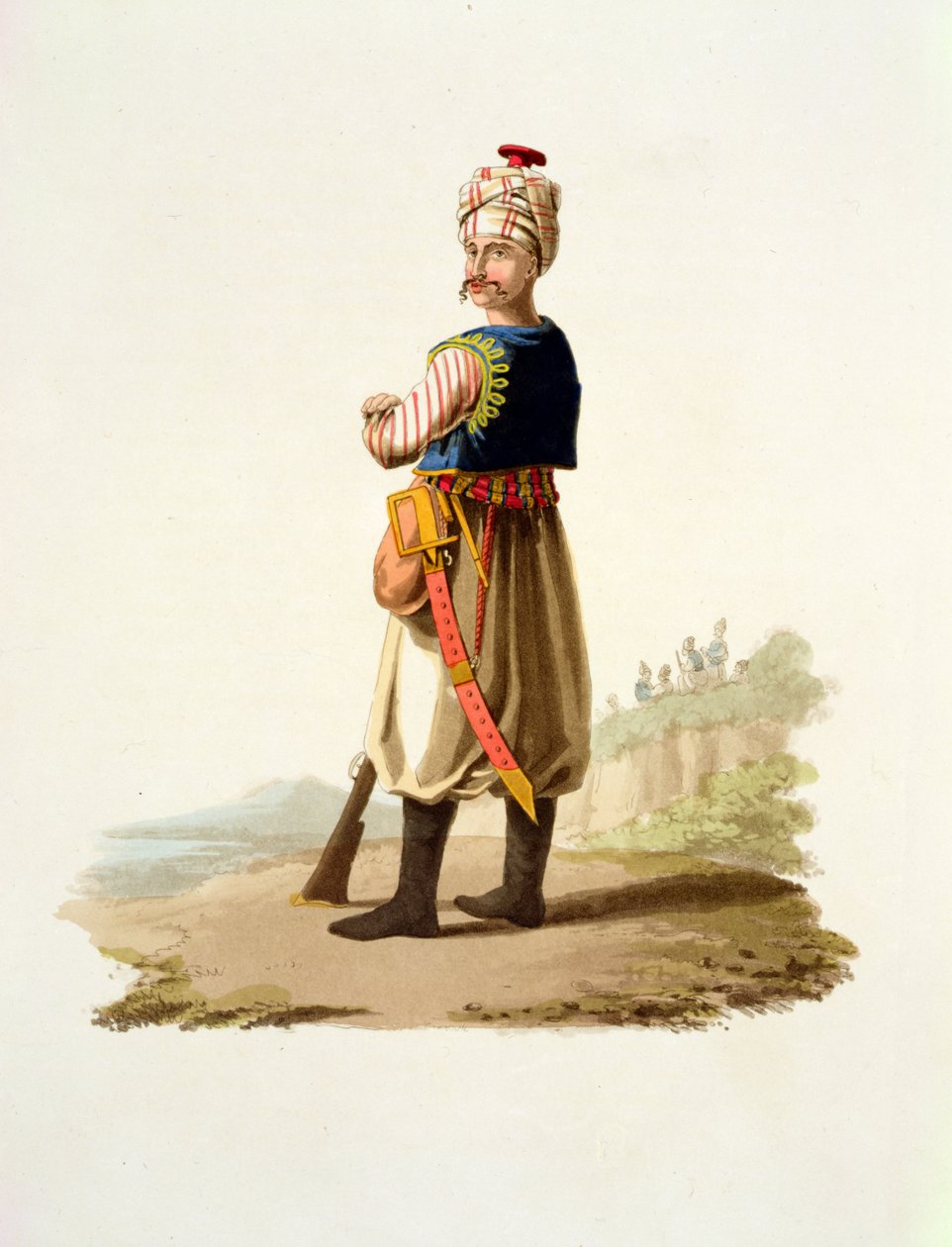 Janicsár, a Különféle nemzetek jelmezeiből, VII. kötet, The Military Costume of Turkey, Thomas MacLean, megjelent 1800-1818 körül (kézzel festett akvatinta) alkotó: English School