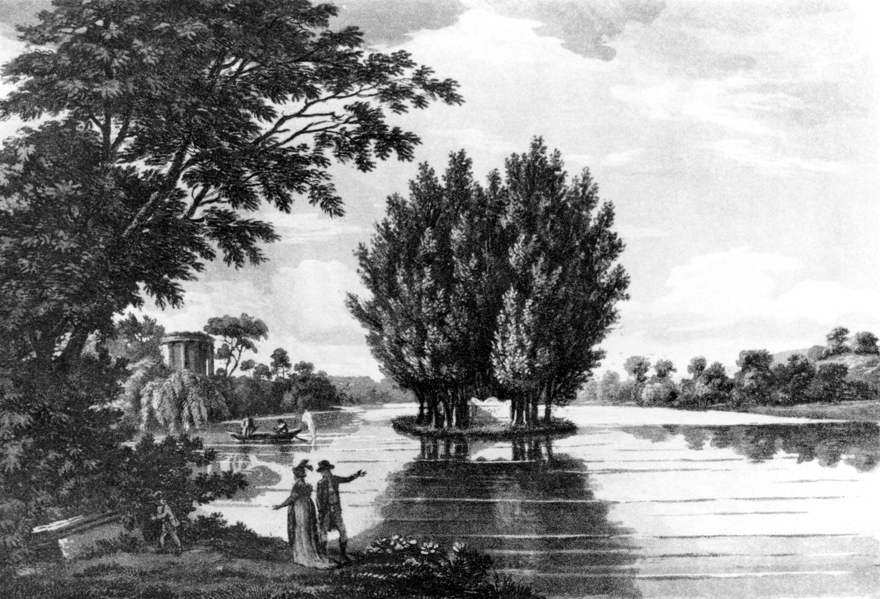 Jean-Jacques Rousseau (1712-78) síremléke Ermenonville-ben, Thomas Thornton ezredestől, egy sporttúra Franciaországon keresztül Darlington grófjáig című sorozatában, megjelent 1806 (bw fotó alkotó: English School