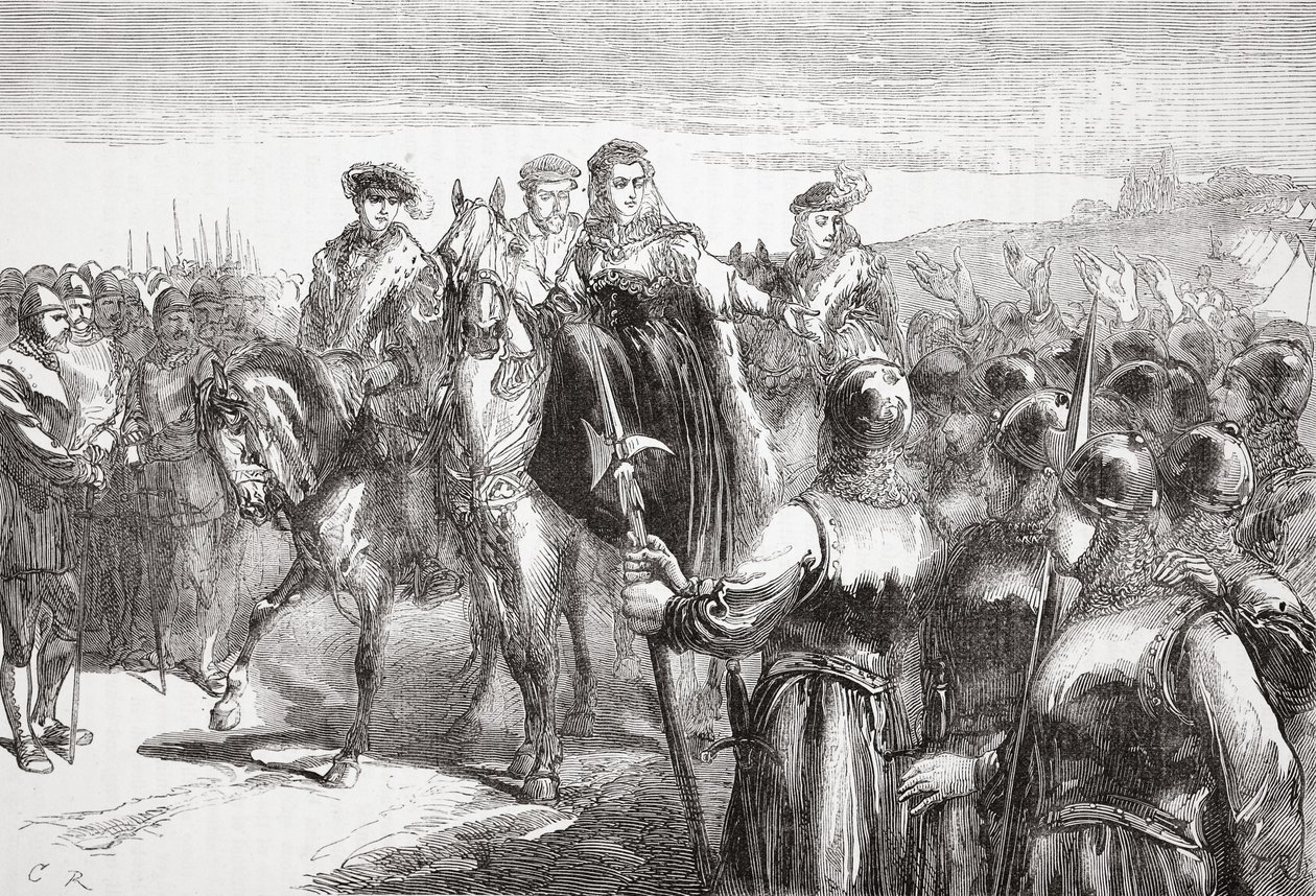 Jeanne DAlbret, Navarra királynője a hugenotta katonákhoz szól, illusztrációja James Aitken Wylie (1808-1890) A protestantizmus története című könyvéből, pub. 1878 alkotó: English School
