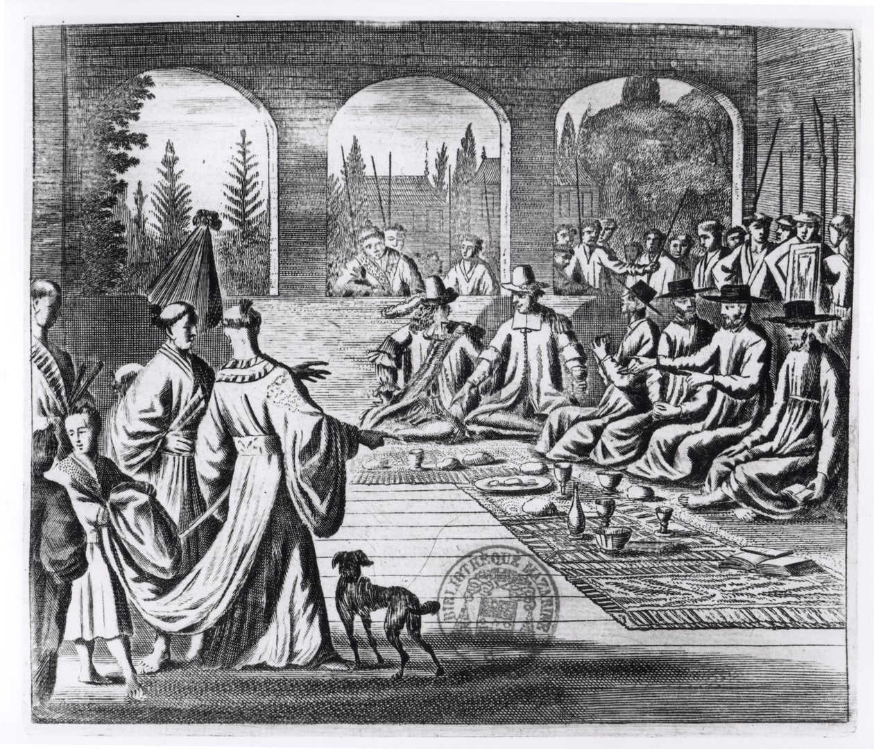 Jezsuiták holland és portugál kereskedőkkel a japán császár udvarában, illusztrációja Arnold Montanus emlékezetes követségéből a japán császárhoz, Londonban, 1670. alkotó: English School