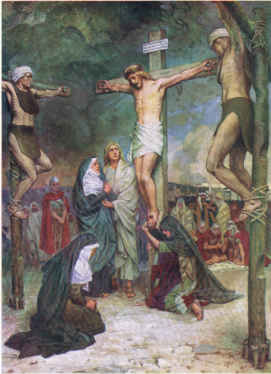 Jézus a kereszten, a Thomas Nelson által kiadott The Bible Picture Book-ból, 1950 körül (színes litográfia). alkotó: English School