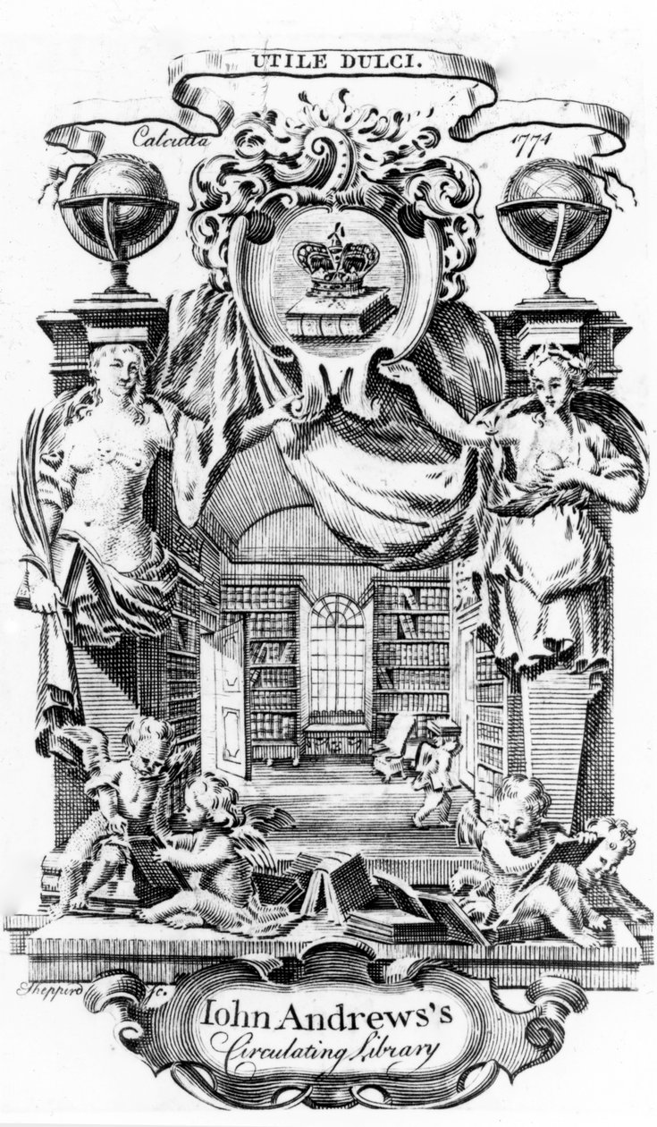 John Andrewss Circulating Library könyvtáblája, Joseph Shepperd, kiadva Kalkuttában, 1774 alkotó: English School
