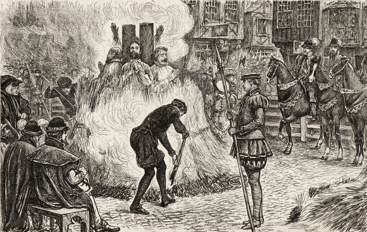John Bland, John Frankesh, Nicholas Sheterden és Humphrey Middleton elevenen elégették eretnekség miatt a 16. században, 1865 körül (fametszet) alkotó: English School