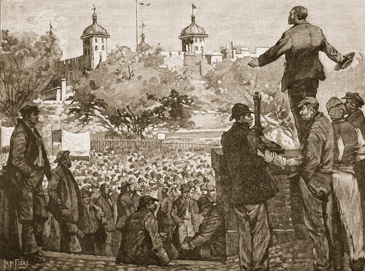 John Burns beszédet mond a dokkolók találkozóján a Tower Hillben, 1889, illusztráció a Cassells Illustrated History of Englandből (szépia fotó) alkotó: English School