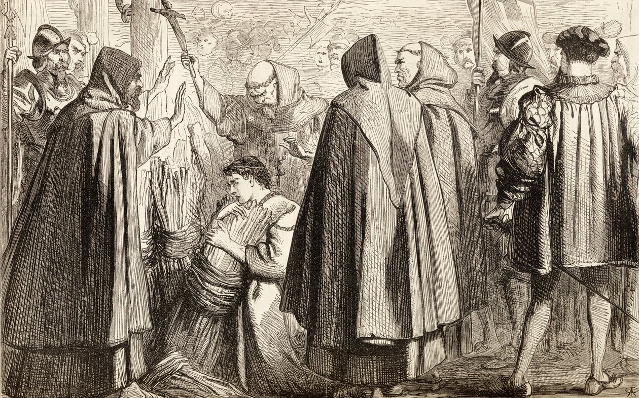 John Fritht máglyára akarják égetni eretnekség miatt 1533-ban, 1865 körül (fametszet) alkotó: English School