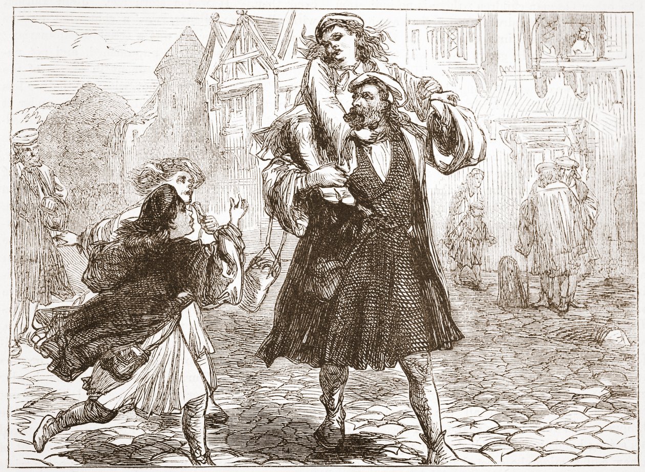 John Luther iskolába viszi a fiát, illusztráció: James Aitken Wylie (1808-1890) A protestantizmus története című könyvéből, pub. 1878 alkotó: English School
