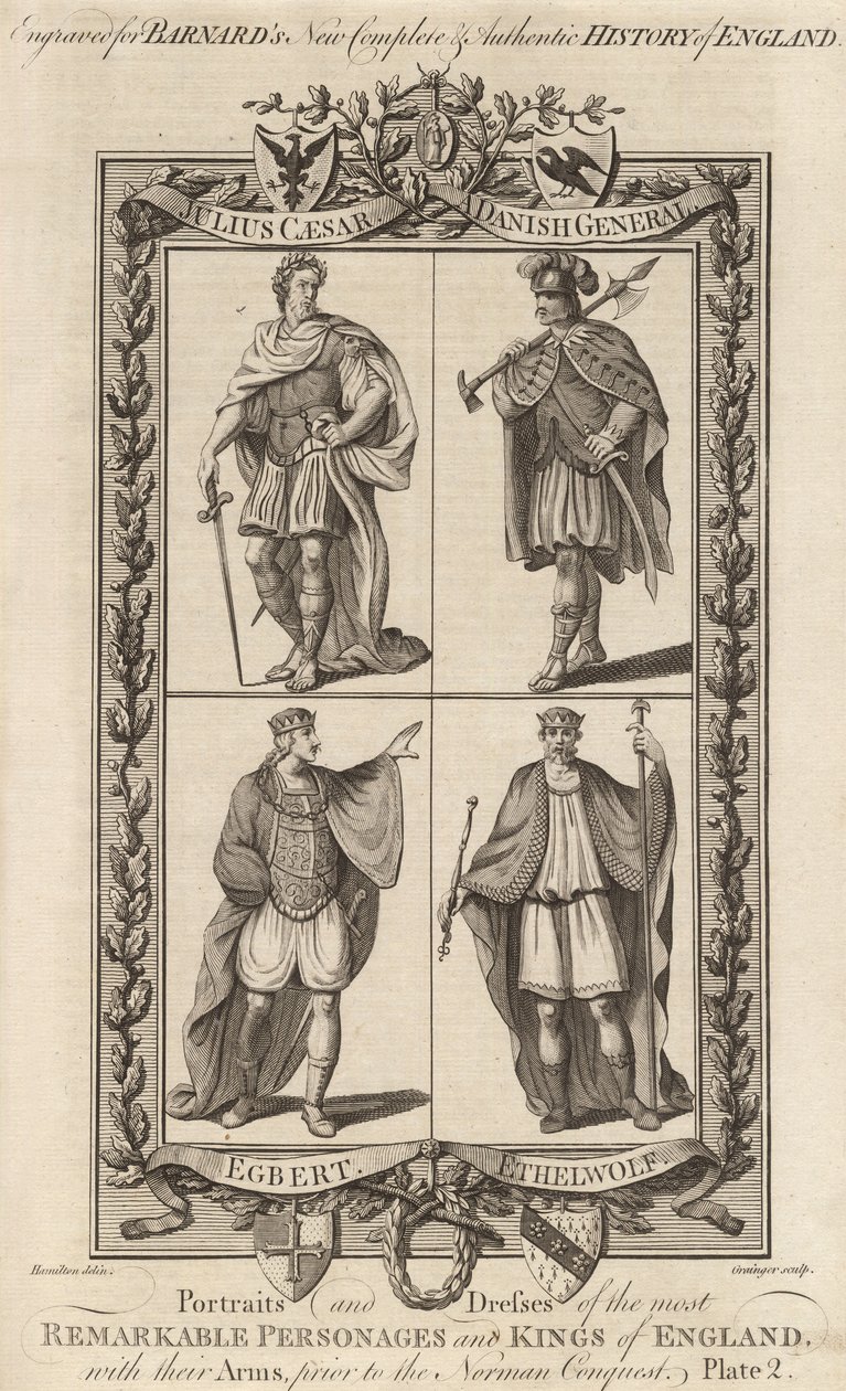Julius Cesar, egy dán tábornok, Egbert és Ethelwolf, illusztráció az "Anglia királyainak portréi és ruhái..." című művéből, Edward Barnard alkotó: English School