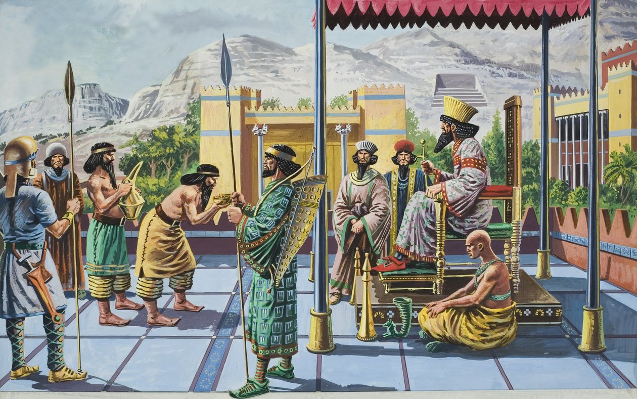 I. Dareiosz király (Kr.e. 550-486 körül) ajándékokat fogad az egyik palotájában (gouache, papír) alkotó: English School