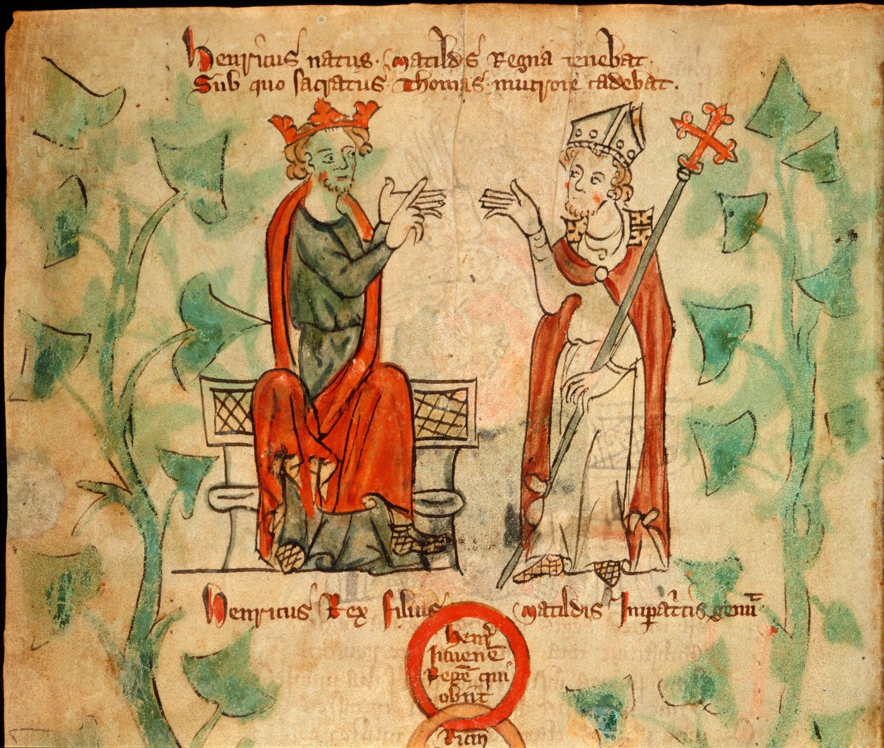 II. Henrik király a trónon ülve vitázik Thomas Beckettel, illusztráció az „Anglia krónikájából”, 1307-27 körül (vellum) alkotó: English School
