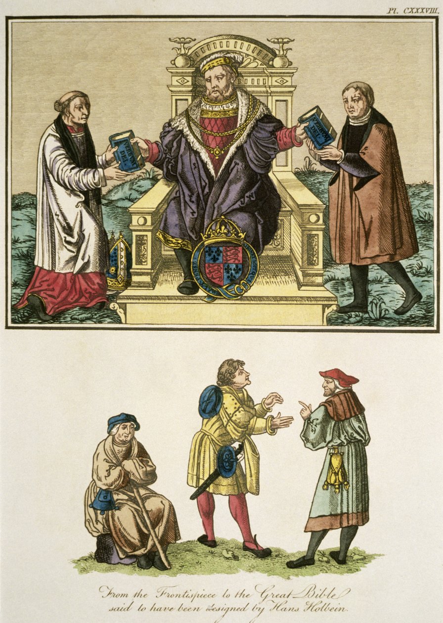 VIII. Henrik király (1491-1547) a Nagy Biblia homlokzatától állítólag Hans Holbein (14978-1543) illusztrációja A nép öltözködésének és szokásainak teljes nézetéből. alkotó: English School