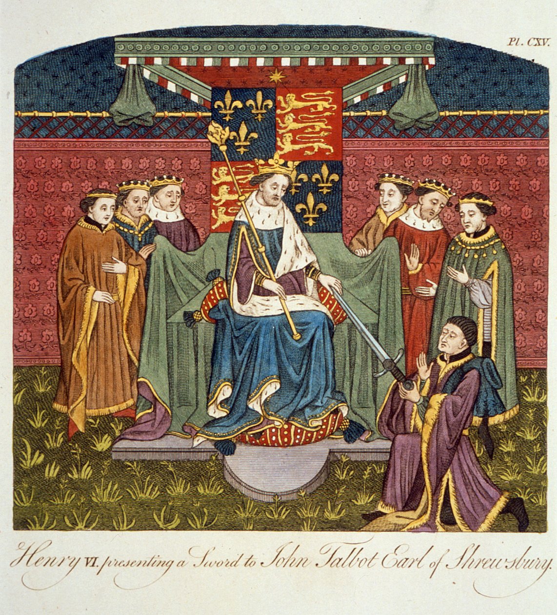 VI. Henrik király (1421-71) kardot ajándékoz John Talbotnak (kb. 1388-1453) Shrewsbury grófjának, illusztráció az Anglia népének öltözködéséről és szokásairól szóló II. kötetből, 17. alkotó: English School