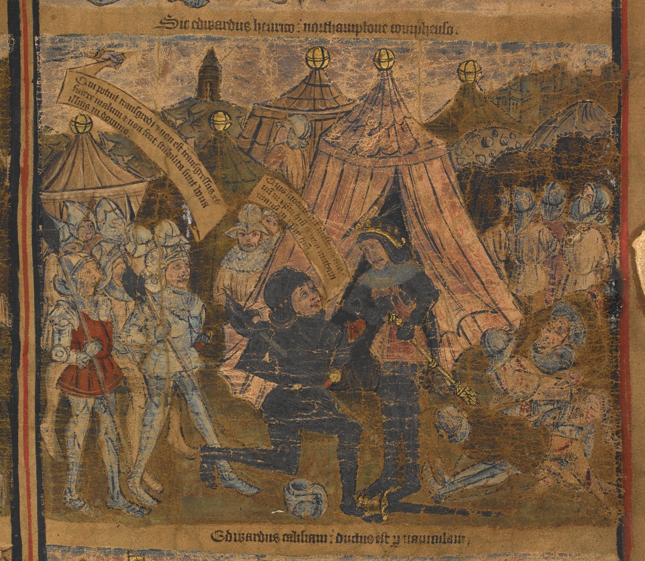 VI. Henrik királyt az 1460-as northamptoni csata után fogságba esett York Edward (utána IV. Edward király) és Warwick és Salisbury grófjai, illusztráció a „IV. Edward tipológiai élete és genealógiájából”, 1460-70 körül (vellum) alkotó: English School