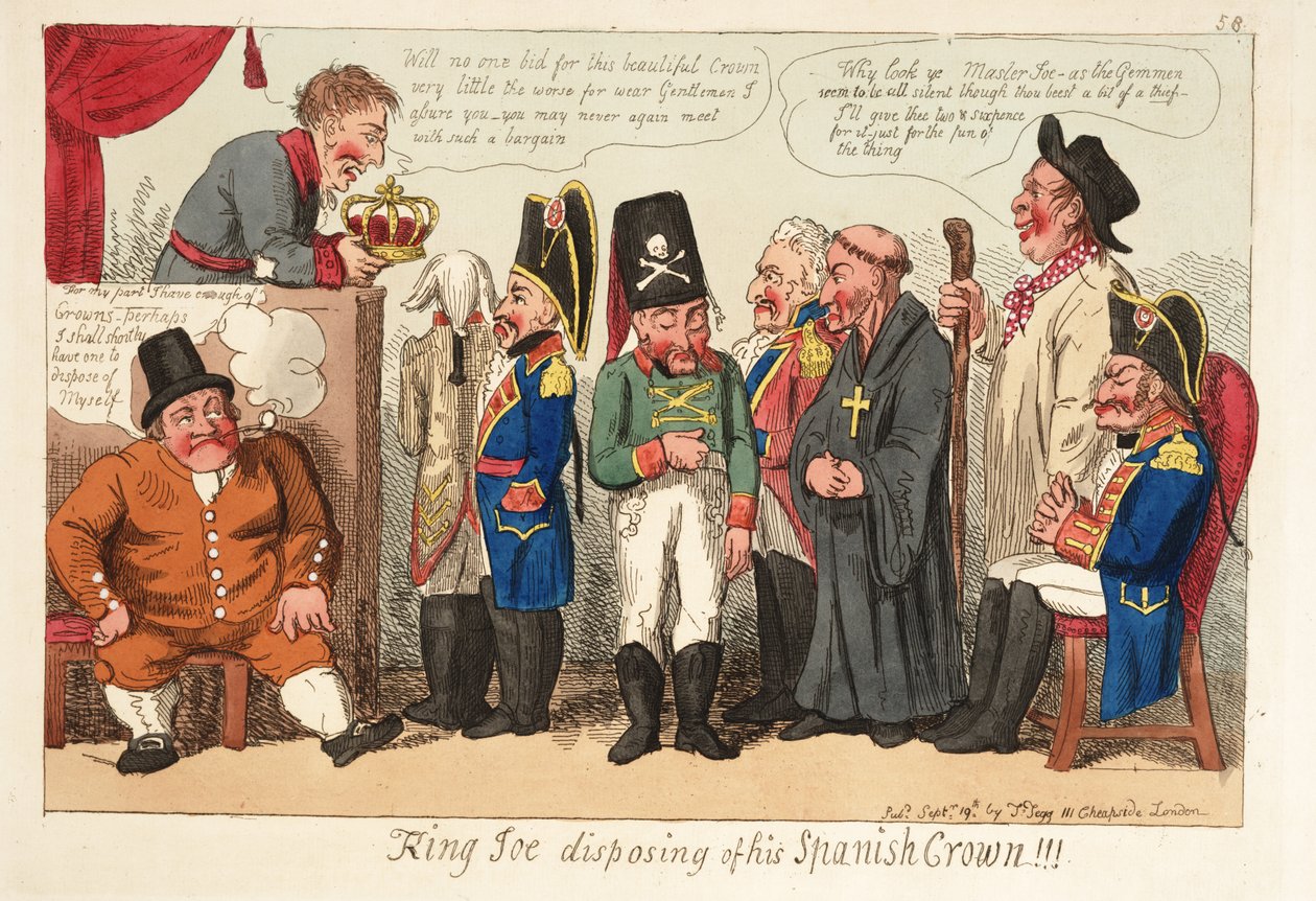 Joe király megszabadul a spanyol koronájától!!! Kocsma. 1808 (kézzel színezett metszet) alkotó: English School