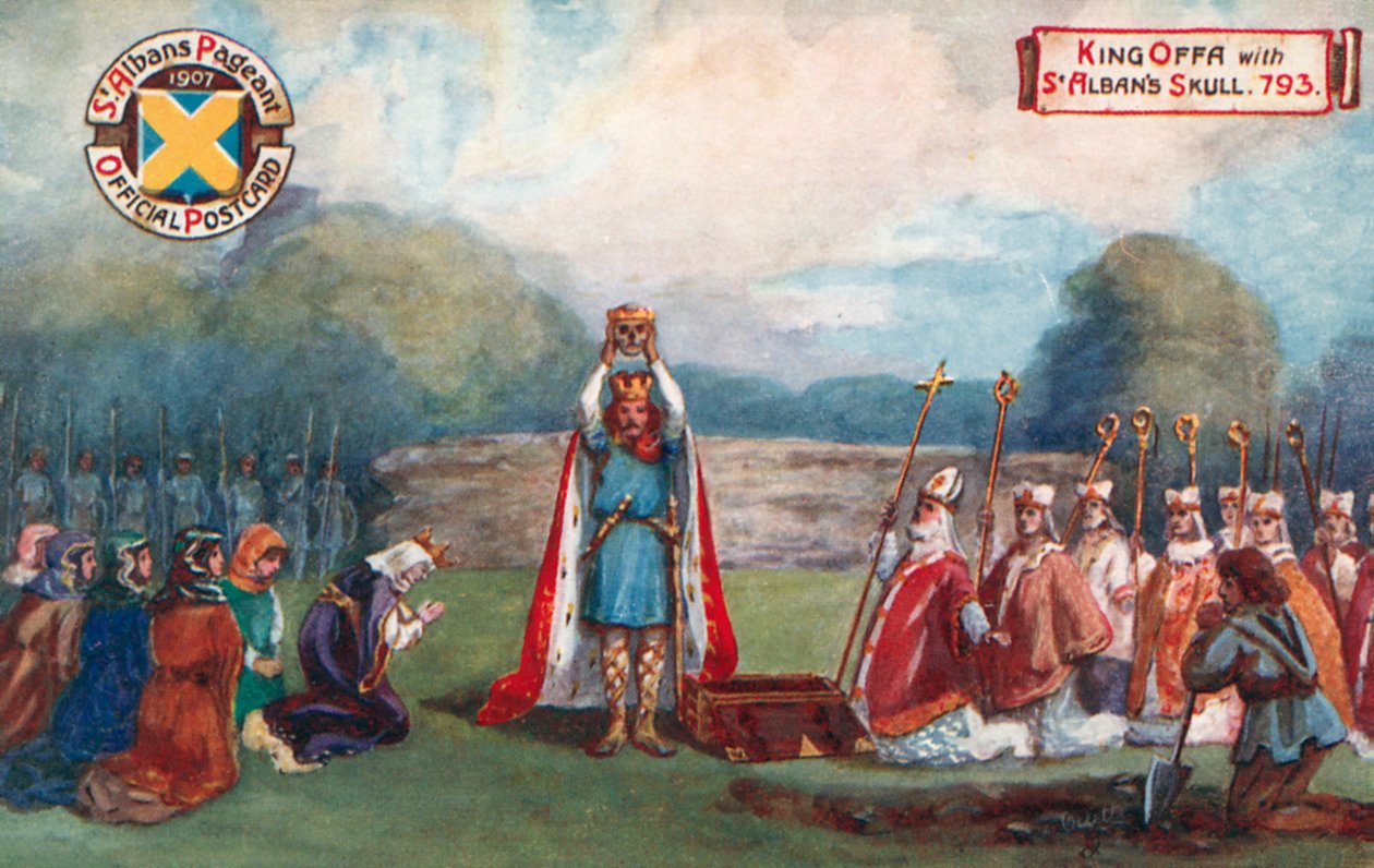 Offa király Szent Albán koponyájával, 793; Szent Albán-i felvonulás alkotó: English School