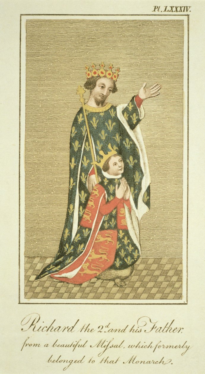 II. Richárd király (1367-1400) apjával, Edwarddal (1330-76), a Fekete Herceggel, illusztráció az 1799-ben megjelent The Complete View of the Dress and Habits of the England People of the England II. kötetből (színes alkotó: English School