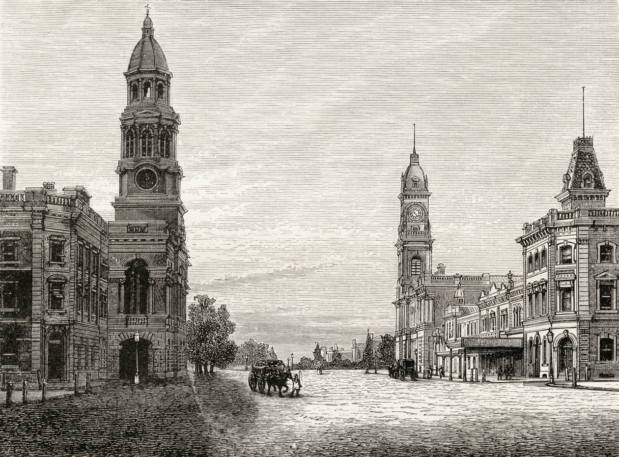 King William Street, Adelaide, 1880 körül, Howard Willoughby „Australian Pictures” című művéből, a Religious Tract Society, London, 1886 alkotó: English School