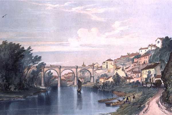 Knaresborough Viaduct, East and West Yorkshire Junction Railway, 38. tábla Rees „Railway Prints”-ből, J. C. Bourne (1836-77) metszet, 1850 körül (színes litó) alkotó: English School