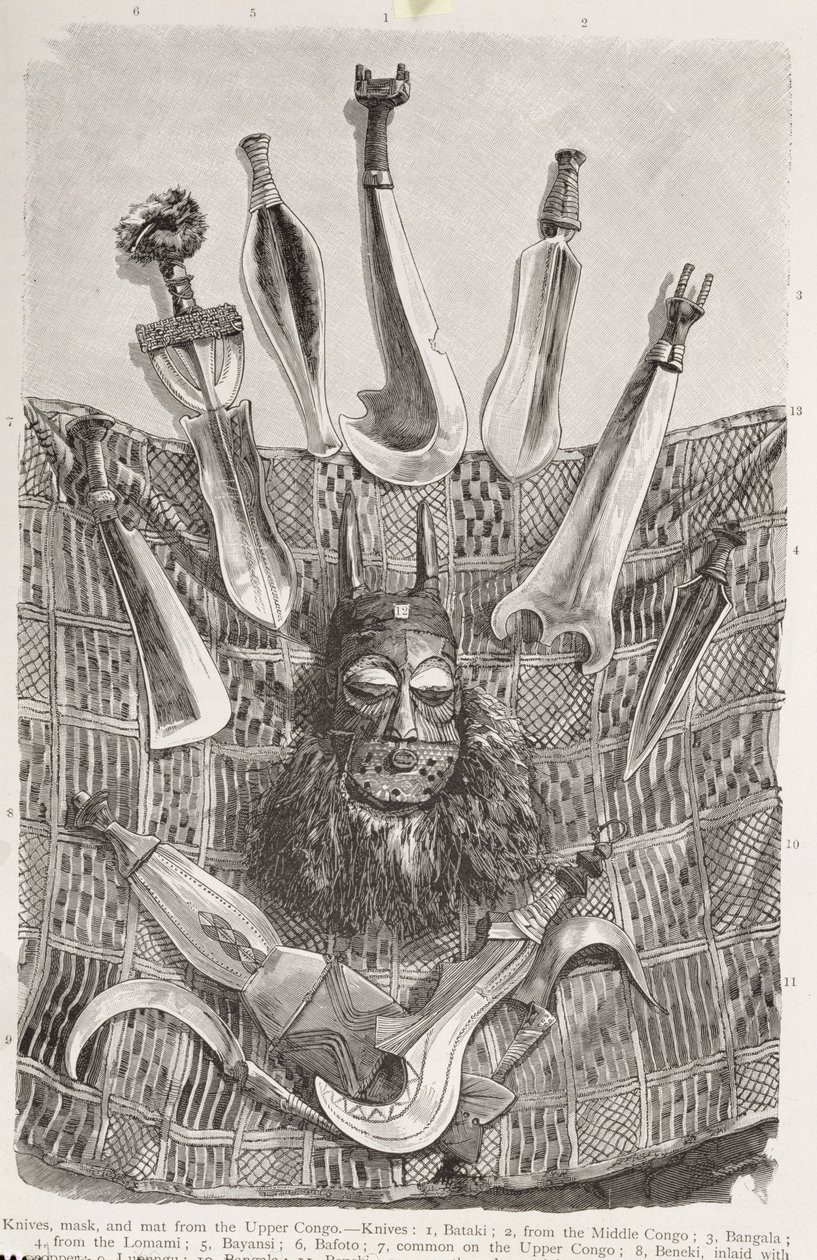 Kések, maszk és szőnyeg Felső-Kongóból, "Az emberiség története" III. kötetéből, Friedrich Ratzel professzor, 1898 alkotó: English School