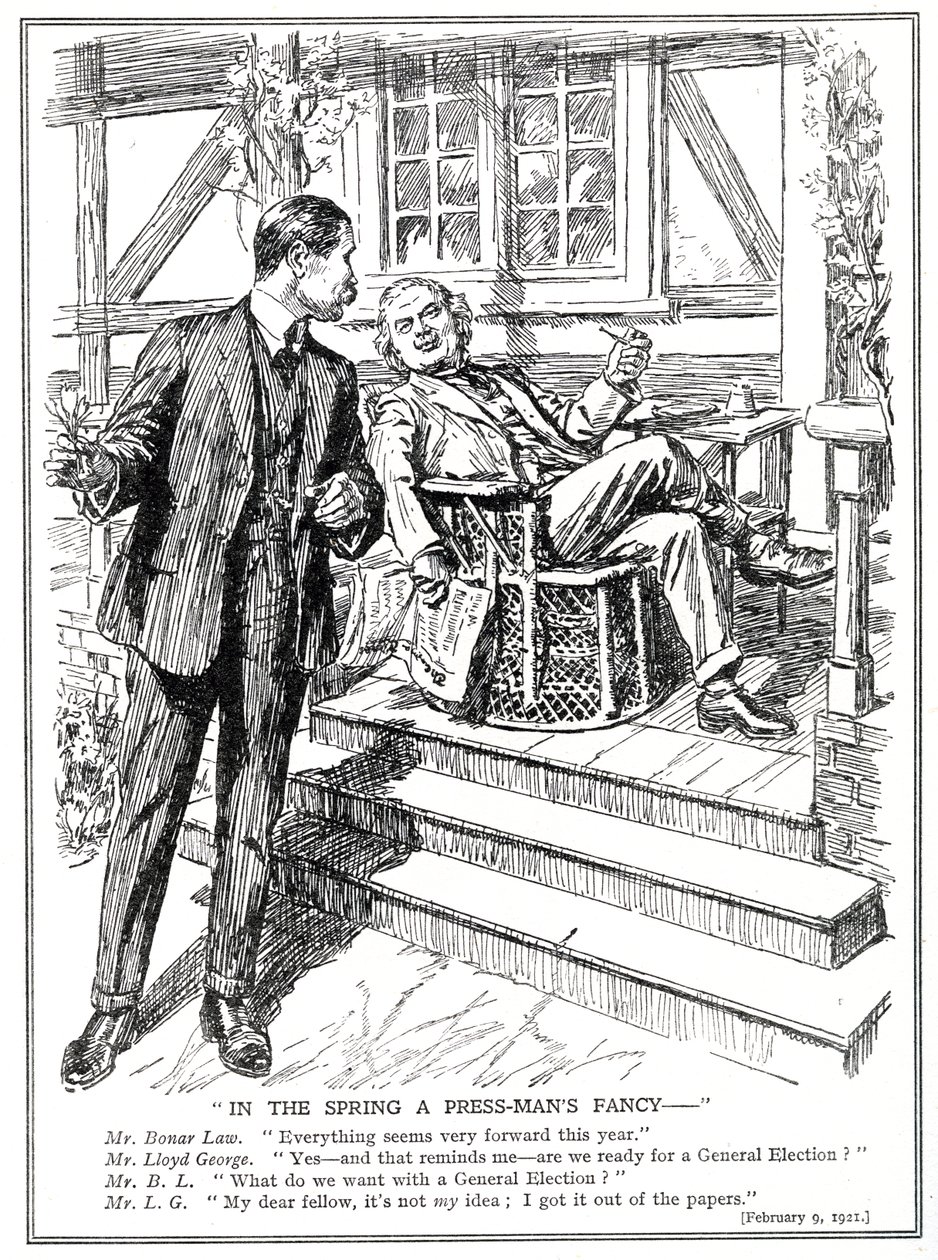 LLoyd George és Bonar Law az 1920. februári általános választás lehetőségéről tárgyal alkotó: English School