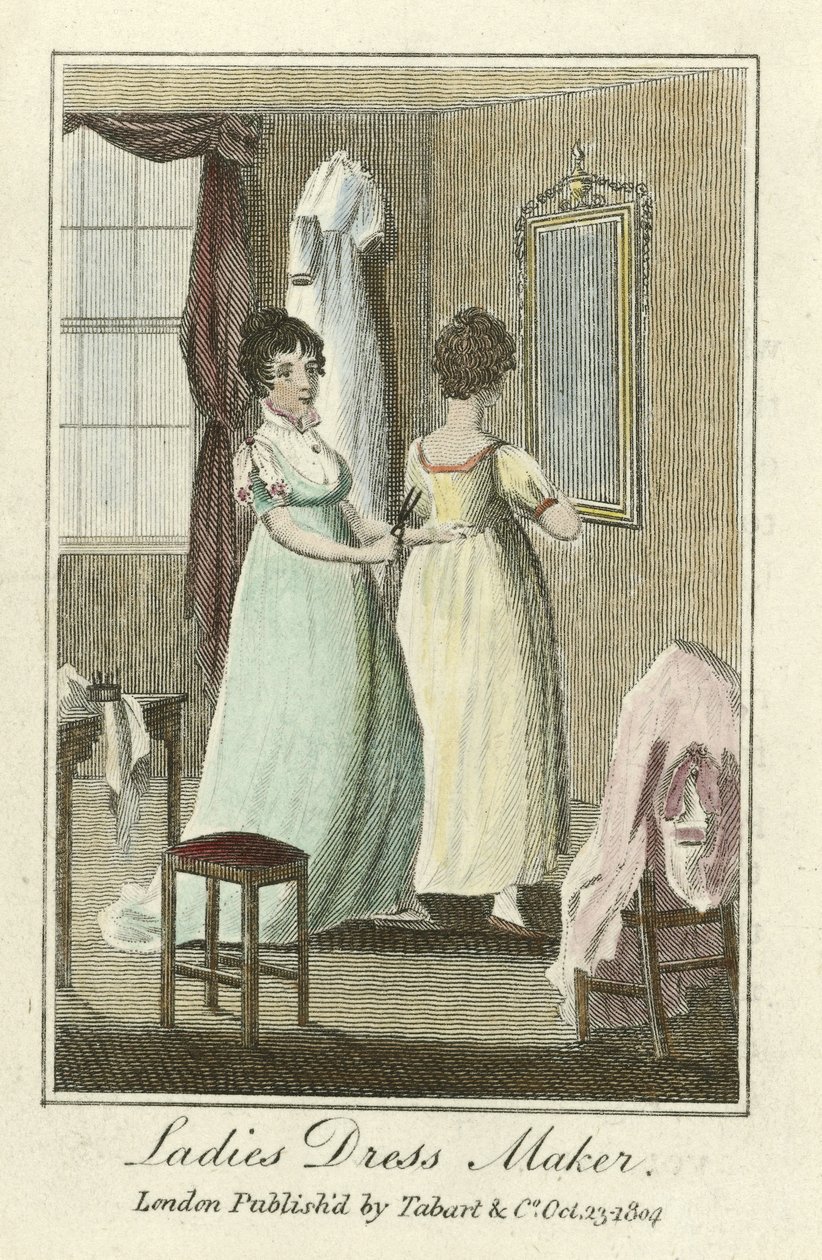 Női ruhakészítő, kocsma. 1804 (kézzel színezett metszet) alkotó: English School