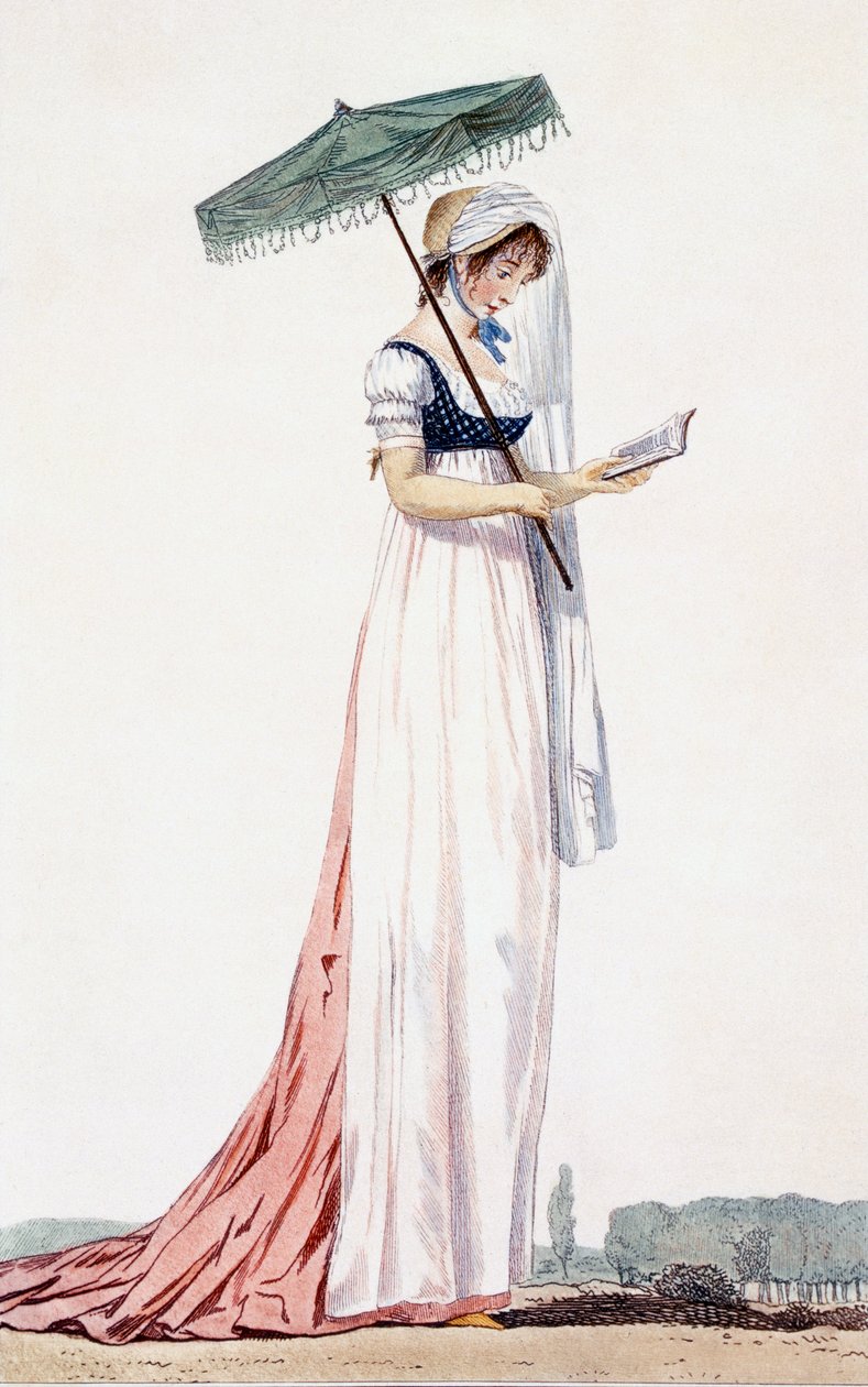 Női elegáns nyári ruha napernyővel, Delacourt, 1770 (színes gravírozás) alkotó: English School