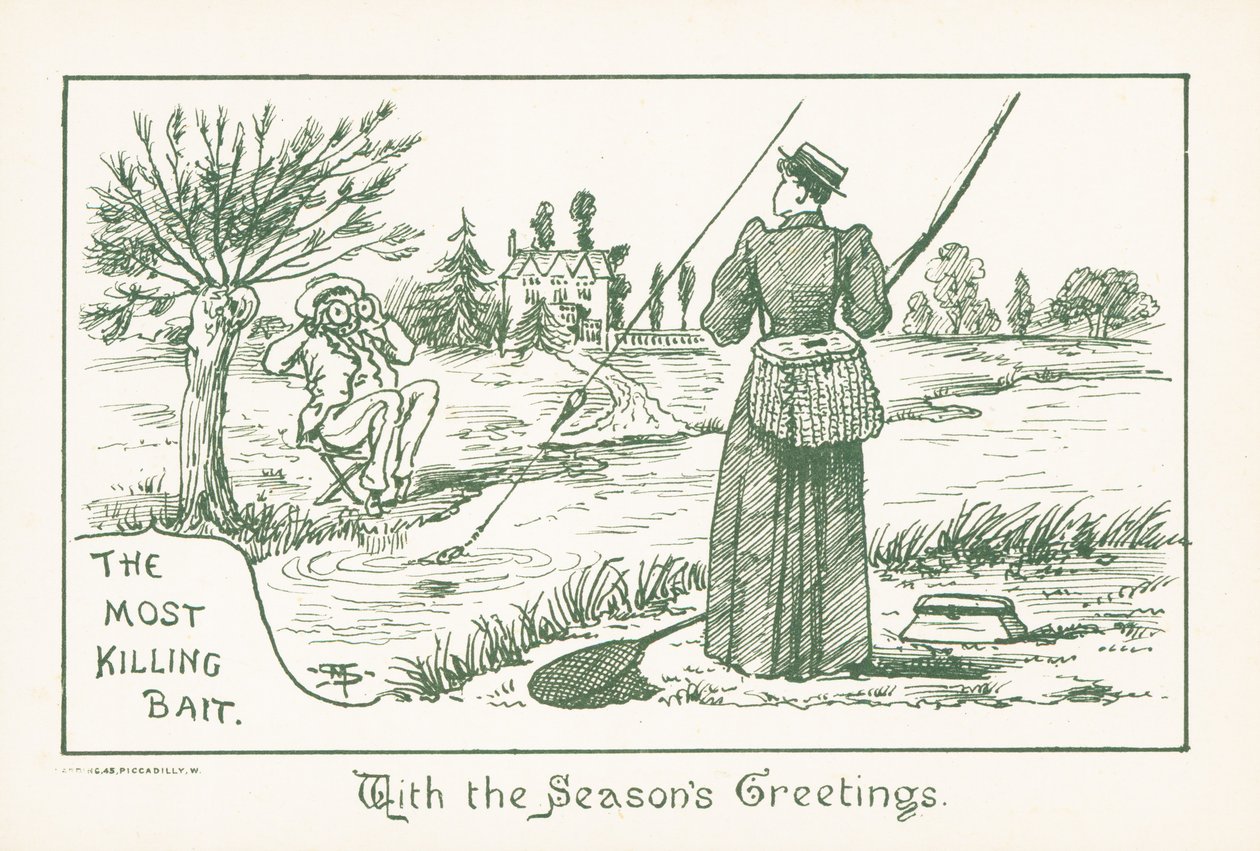 Lady Fishing nézte Gentleman, karácsonyi kártya (chromolitho) alkotó: English School