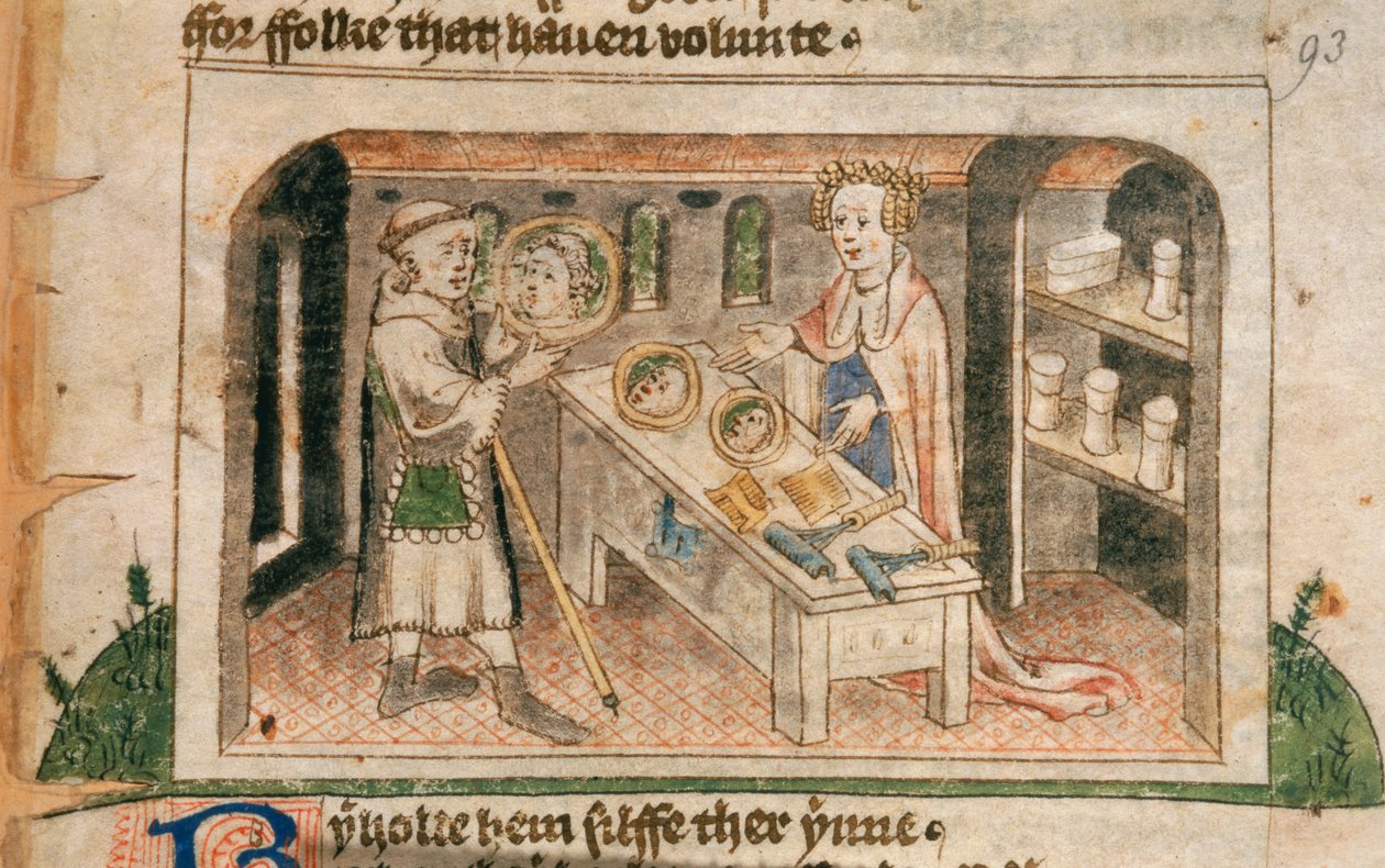 A Lady Hagiography egy zarándokot mutatja be kenőcsök és piperecikkekkel, Guillaume Deguileville „Pilgrimage of the Life of the Man” című könyvének angol fordításából készült illusztrációja, 1430-50 körül (vellum) alkotó: English School