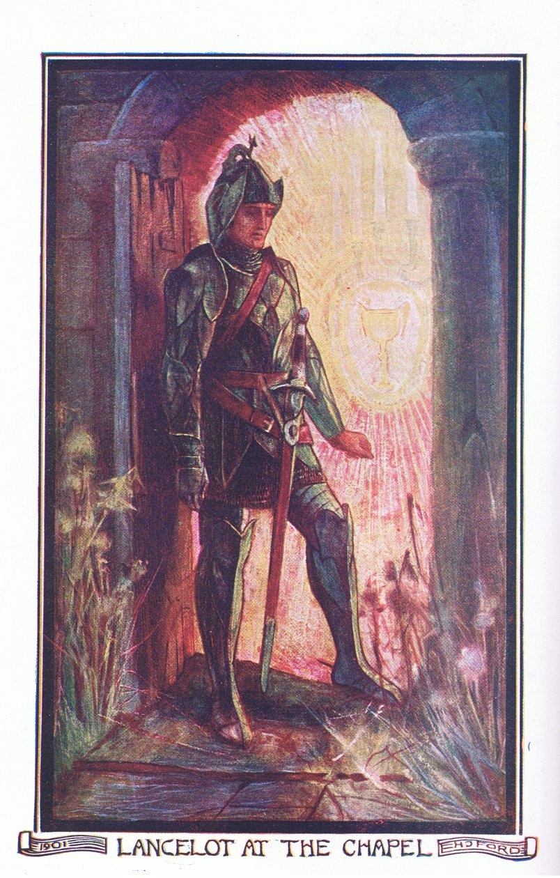 Lancelot a kápolnában, illusztráció a „The Book of Romance” című könyvből, amelyet a Longmans Green and Co alkotó: English School