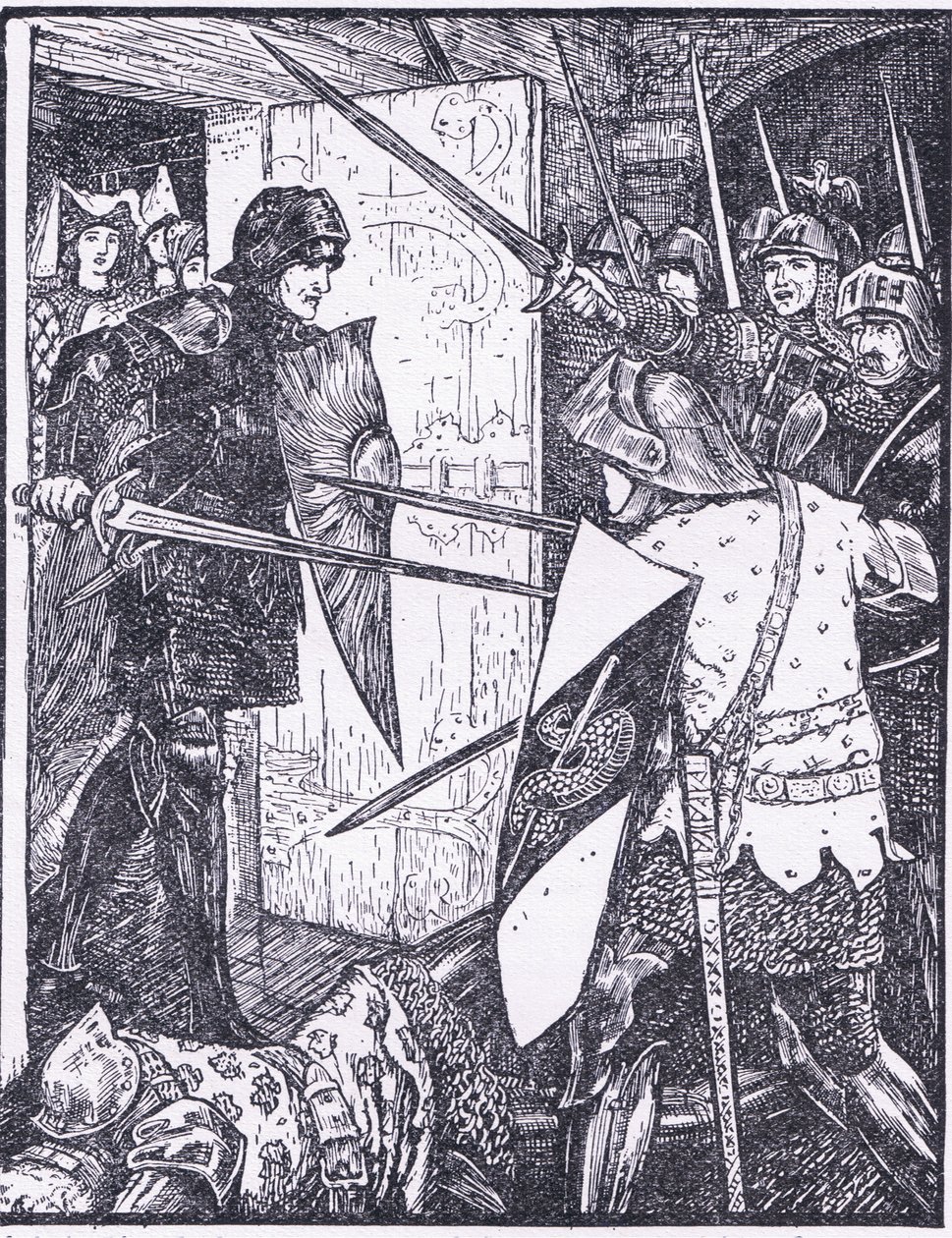 Lancelot kijön Guenevere szobájából, a Longmans Green and Co által kiadott „The Book of Romance” illusztrációja alkotó: English School