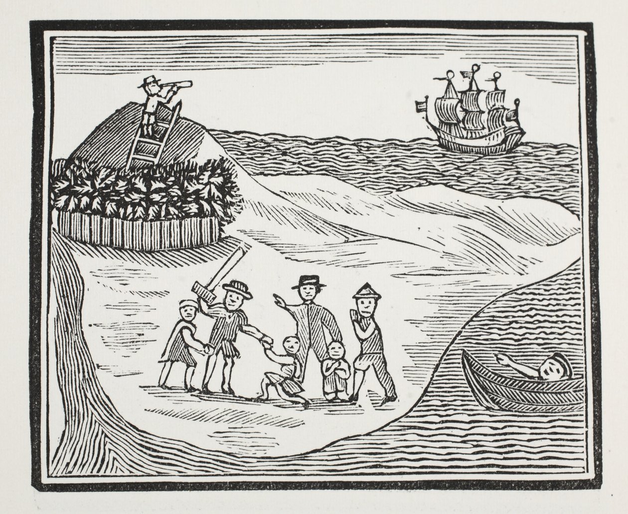 A Mutinous Crew partraszállása a szigeten, illusztráció a Chap-books of the Eighteenth Century-ből, John Ashton, pub. 1882 alkotó: English School