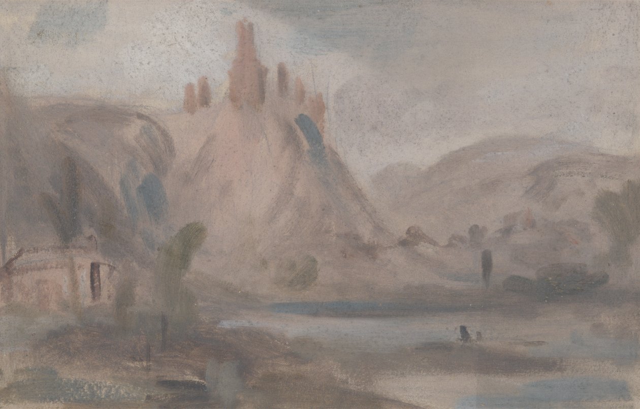 Táj egy dombon álló várral, amelyet korábban J.M.W.-nek tulajdonítottak. Turner (1775-1851) és Peter de Wint (1784-1849) is (olaj, papír) alkotó: English School