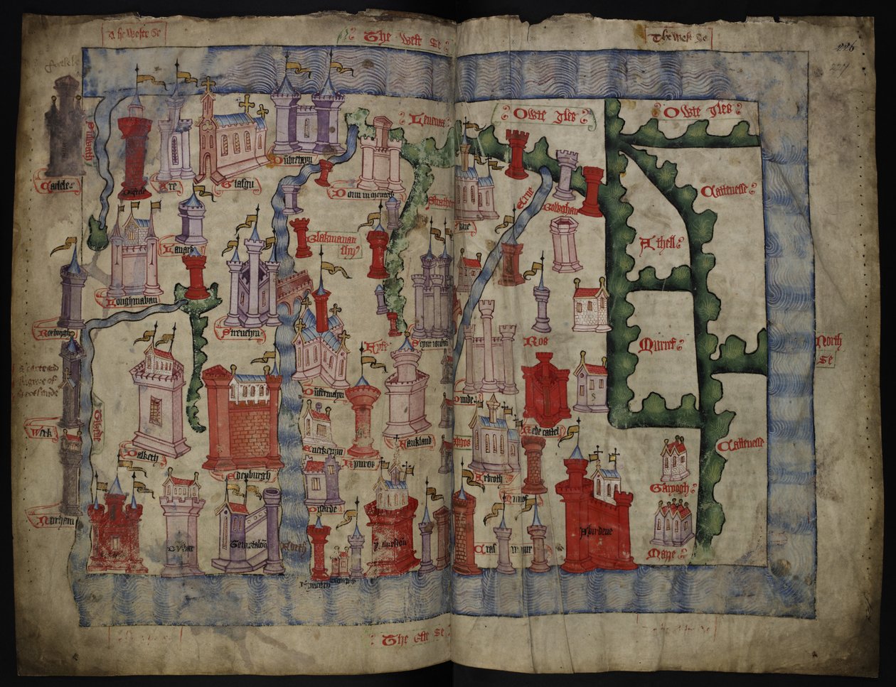 Lansdowne 204 ff.225v & 226 Skócia térkép, John Harding, 1450 körül (tinta és tempera pergamenen) alkotó: English School