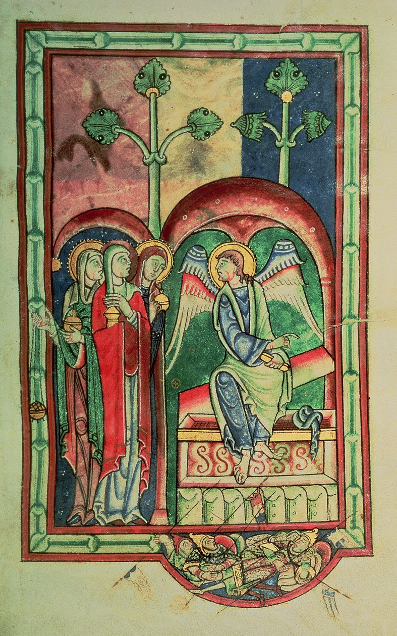 Lansdowne 383 f.13 A nők a sírnál, a Shaftesbury Psalterből, West Country, 1130-40 körül (vellum) alkotó: English School