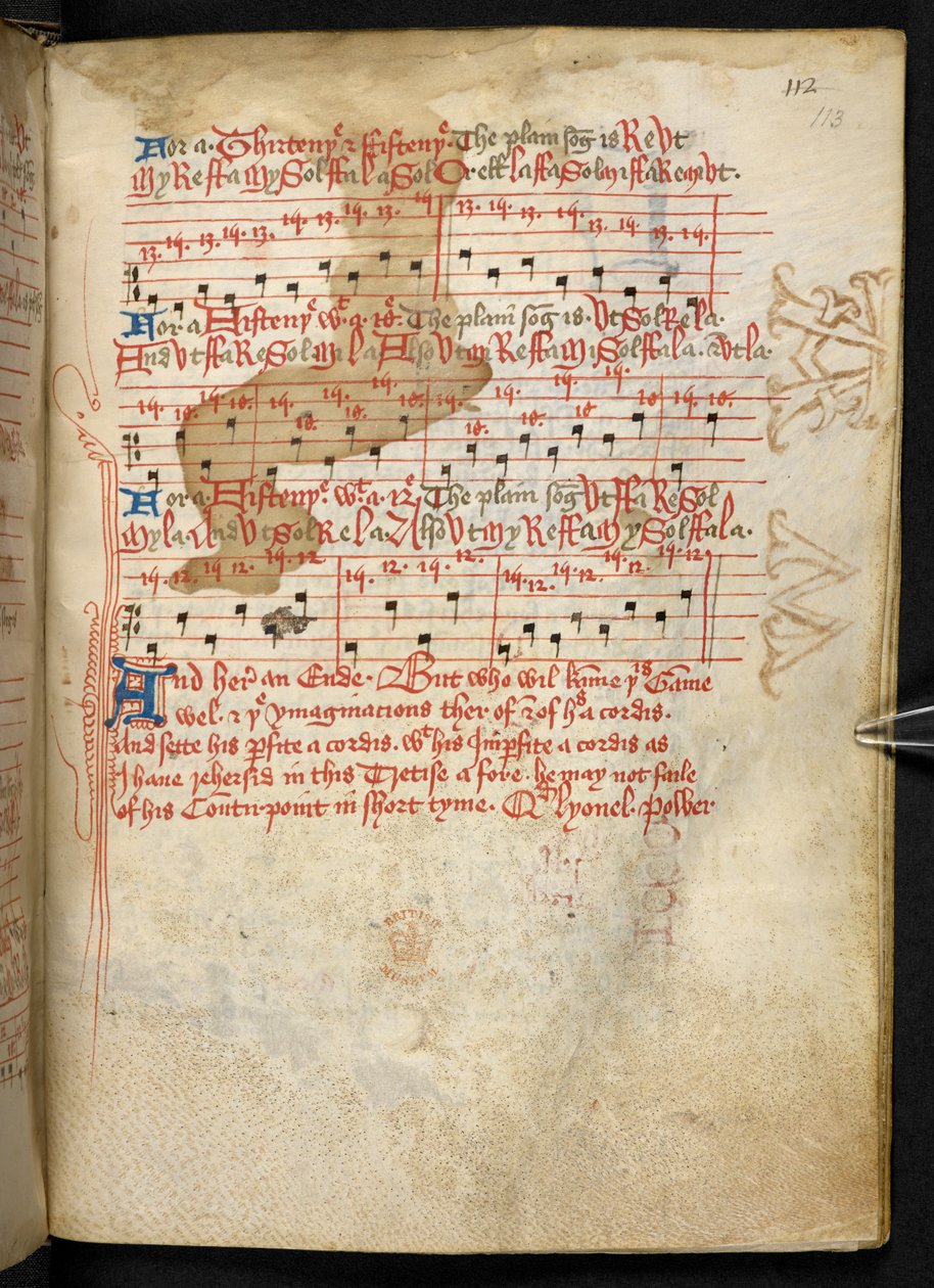 Lansdowne 763, f.113r, A tizenötödik században meglehetősen vellumra írt kötet, amely különböző szerzők ősi és nagyon érdekes tanulmányait tartalmazza a zenéről. alkotó: English School