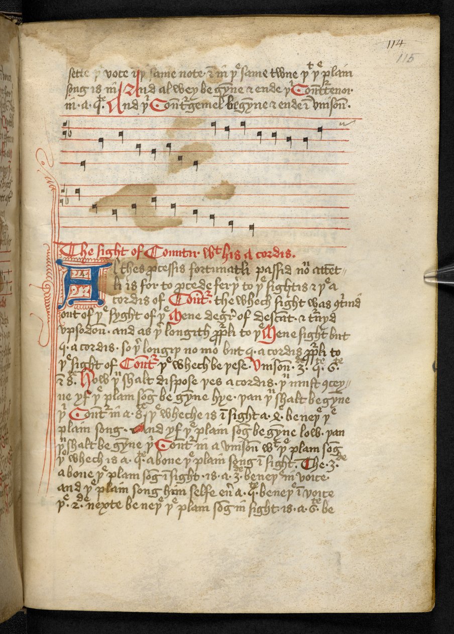 Lansdowne 763, f.115r, A tizenötödik században meglehetősen vellumra írt kötet, amely különböző szerzők ősi és nagyon érdekes tanulmányait tartalmazza a zenéről. alkotó: English School