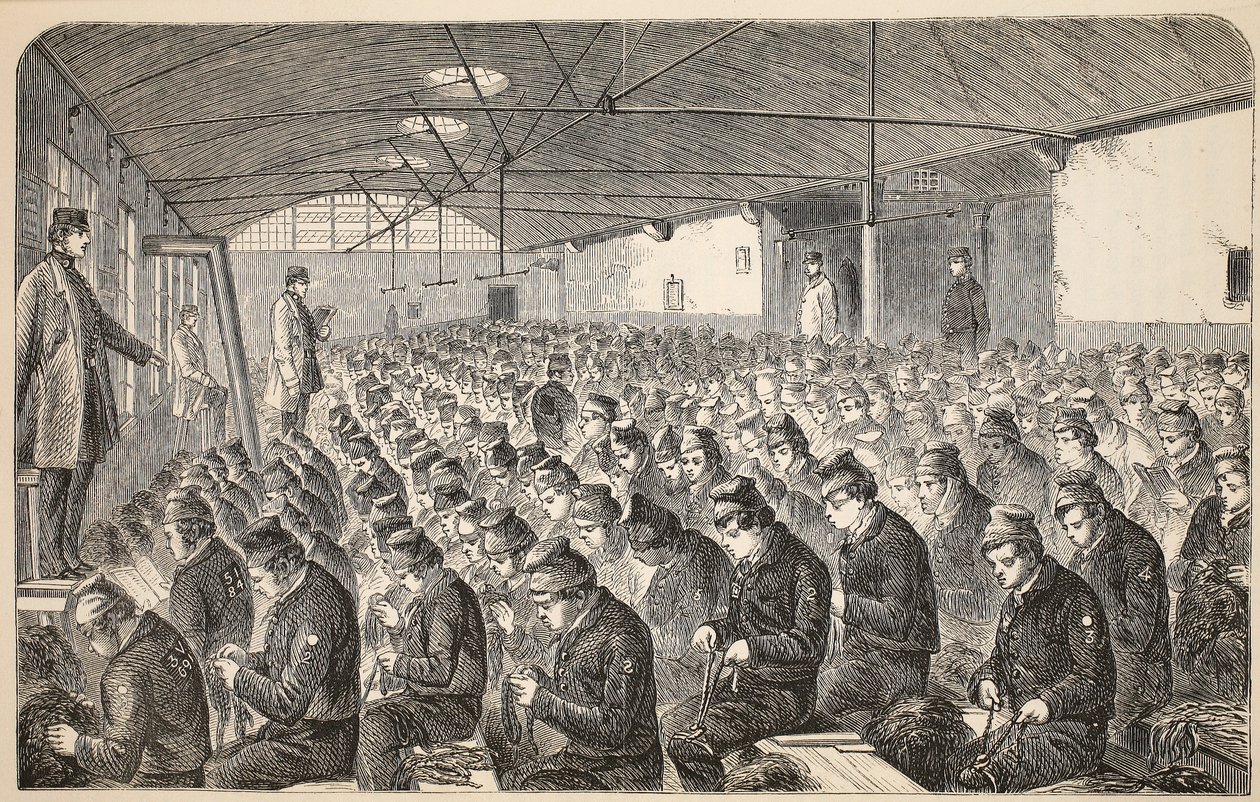 Nagy Oakum-szoba (a Silent System alatt) a Middlesex House of Correction-ban, Coldbath Fields, illusztráció a londoni bűnügyi börtönökből és jelenetek a börtönéletből Henry Mayhew és Johntól alkotó: English School