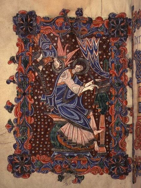 Lat 14782 f.16v Szent Máté írja evangéliumát, 1080 körül (pergamen) alkotó: English School