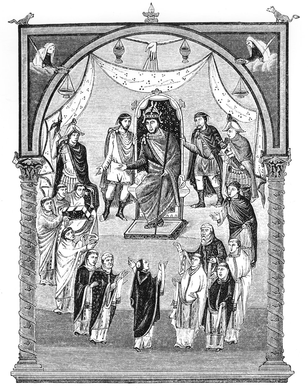Lat 1 f.423r Kopasz Károly francia király (823-77) trónoló, Vivian apát megbízásából a tours-i Szent Márton kolostorból, Kopasz Károly első Bibliájából, 843-51, illusztráció alkotó: English School