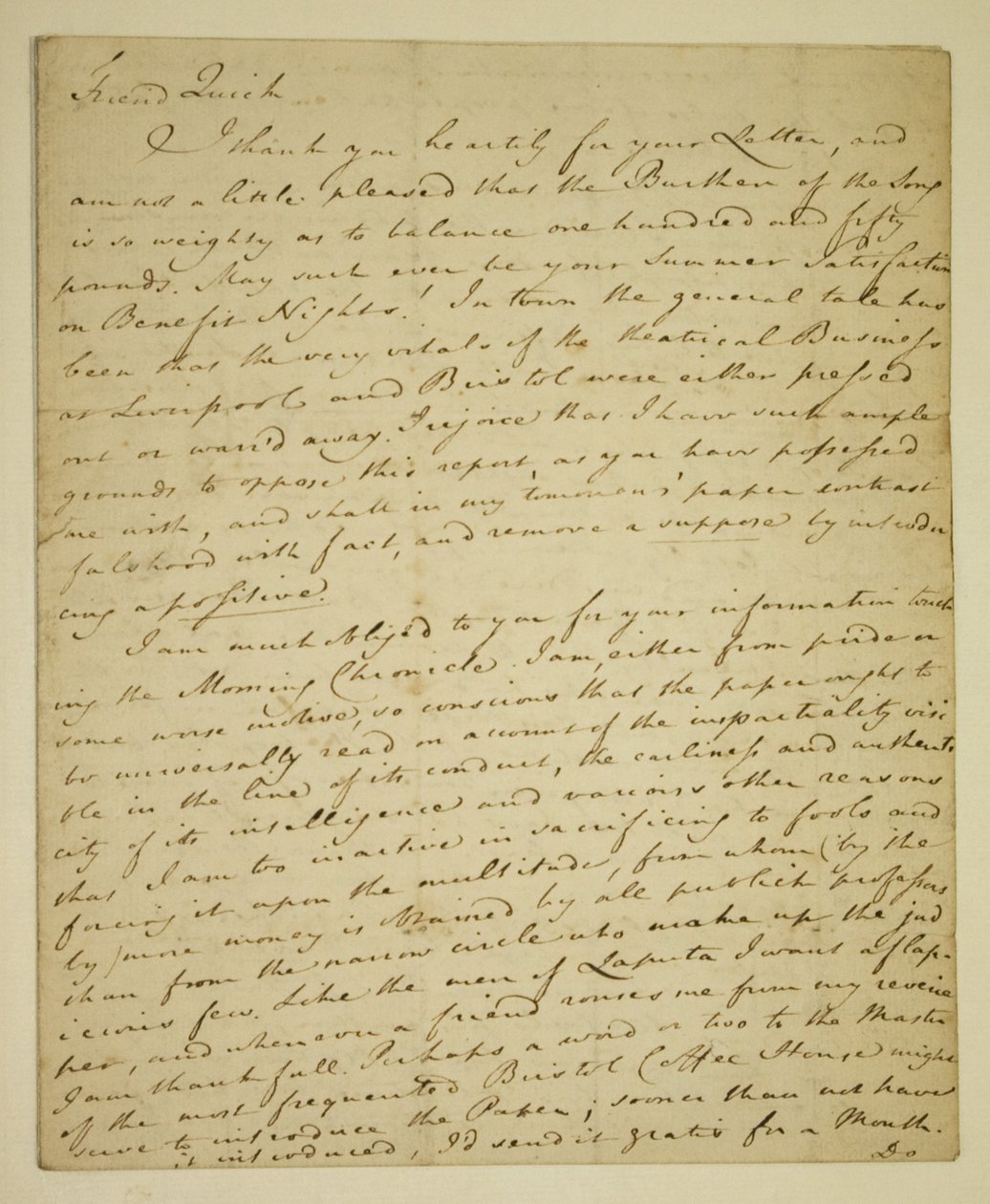 William Woodfall (1746-1803) levele John Quick színésznek (1748-1831) John Henderson kedvező kritikáiról a Haymarketben alkotó: English School