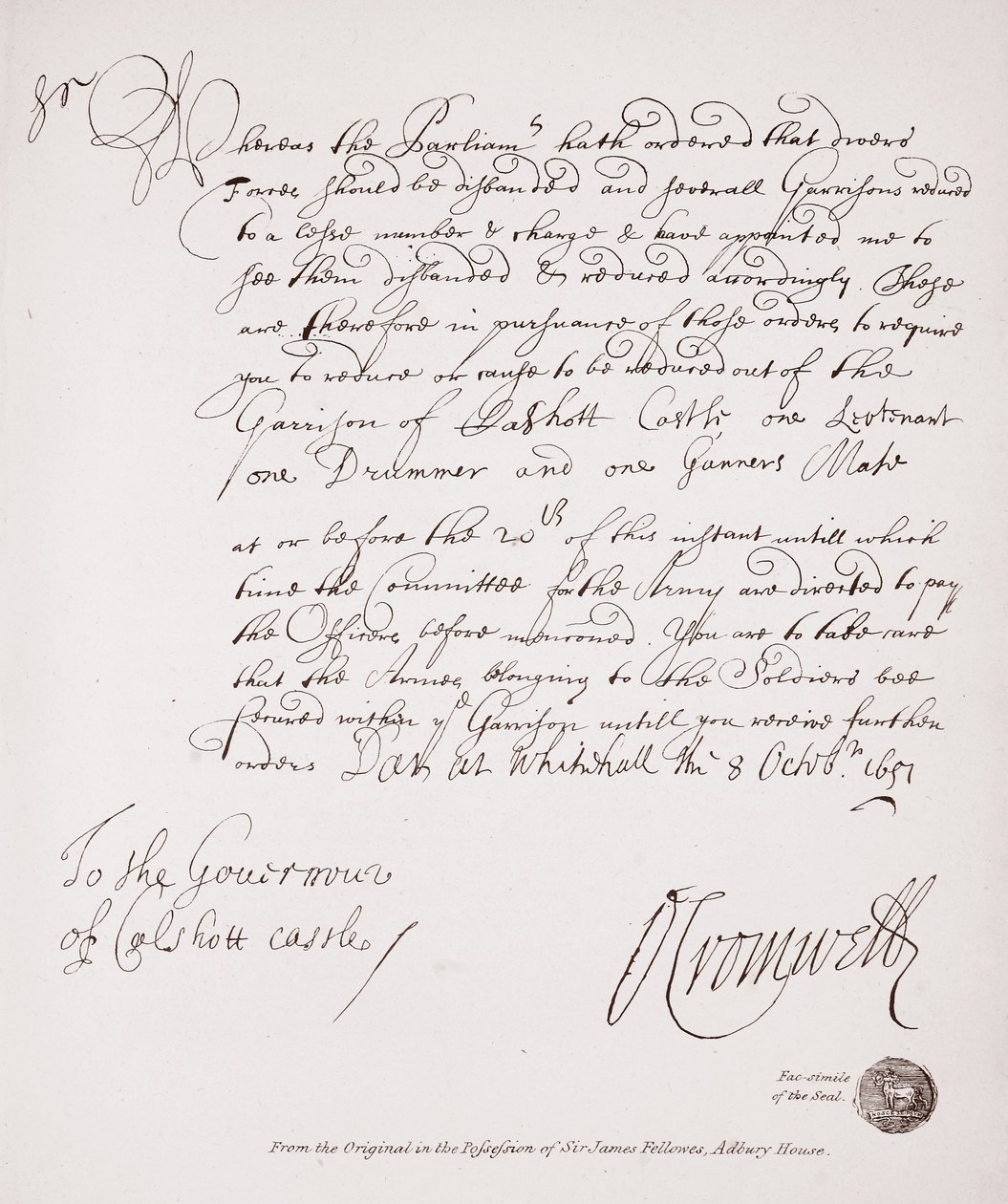 Oliver Cromwell levele Calshot kastély kormányzójához, 1651, fakszimile az eredetiről Sir James Fellowes birtokában, Cadbury House alkotó: English School