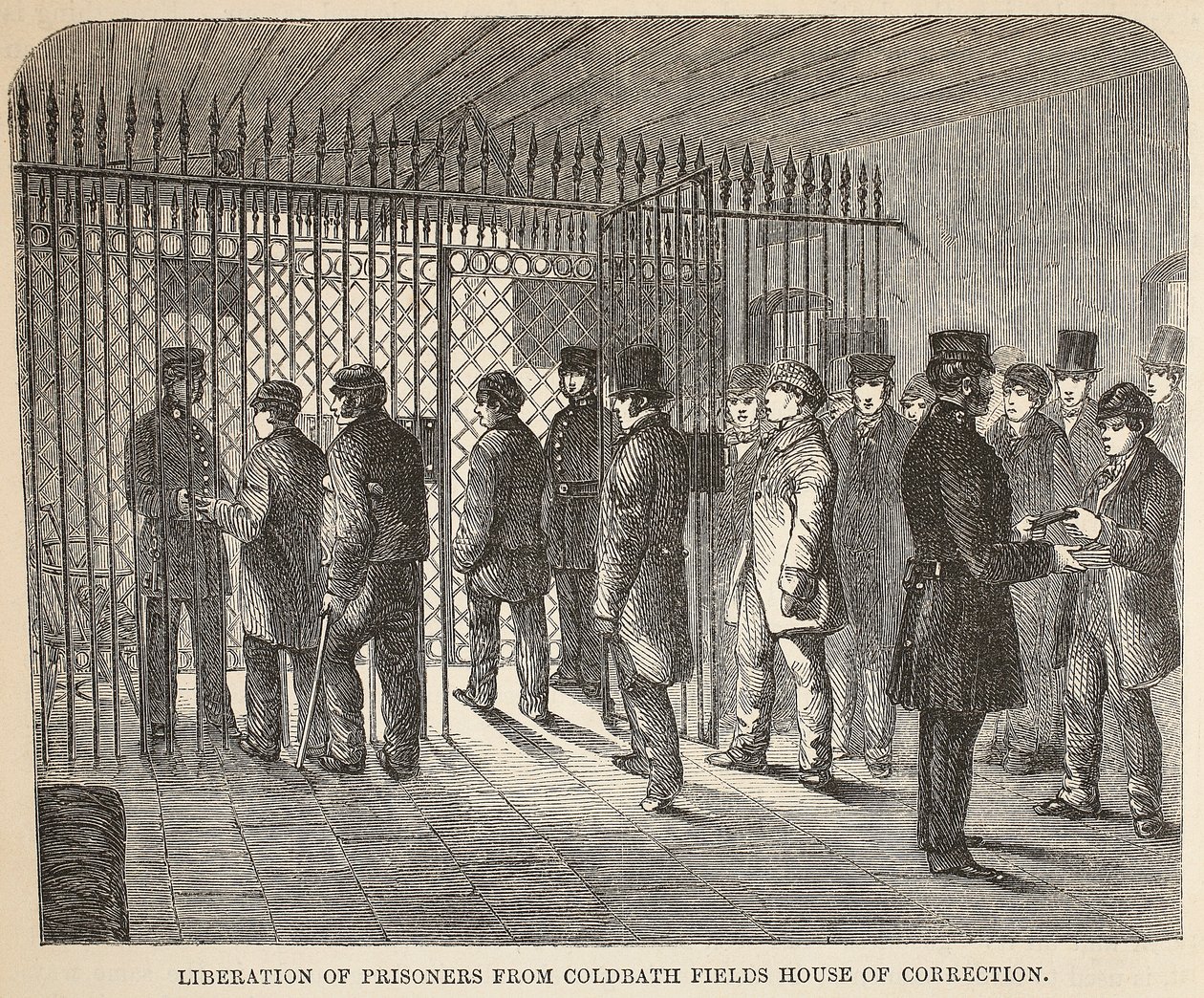 Foglyok felszabadítása a Coldbath Fields House of Correction-ből, illusztráció a The Criminal Prisons of Londonból és Jelenetek a börtönéletből Henry Mayhew és John Binny, pub. 1862 alkotó: English School