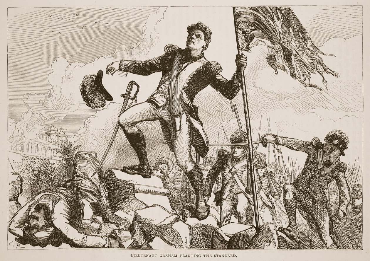 Graham hadnagy elülteti a szabványt, illusztráció a Cassells Illustrated History of India-ból, James Grant, pub. 1879 alkotó: English School