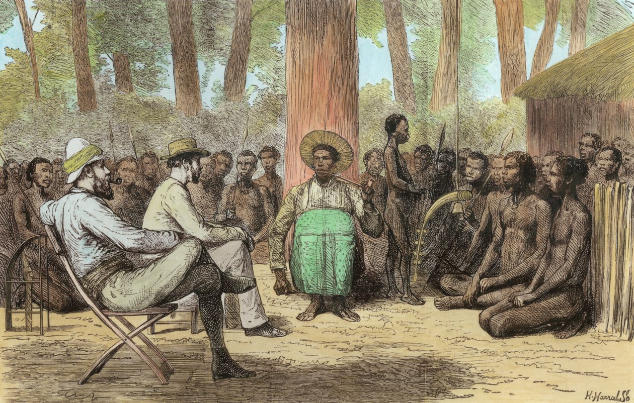 Verney Lovett Camerons hadnagy (1844-94) Katende fogadása, Horace Harral metszet (későbbi színezés) alkotó: English School